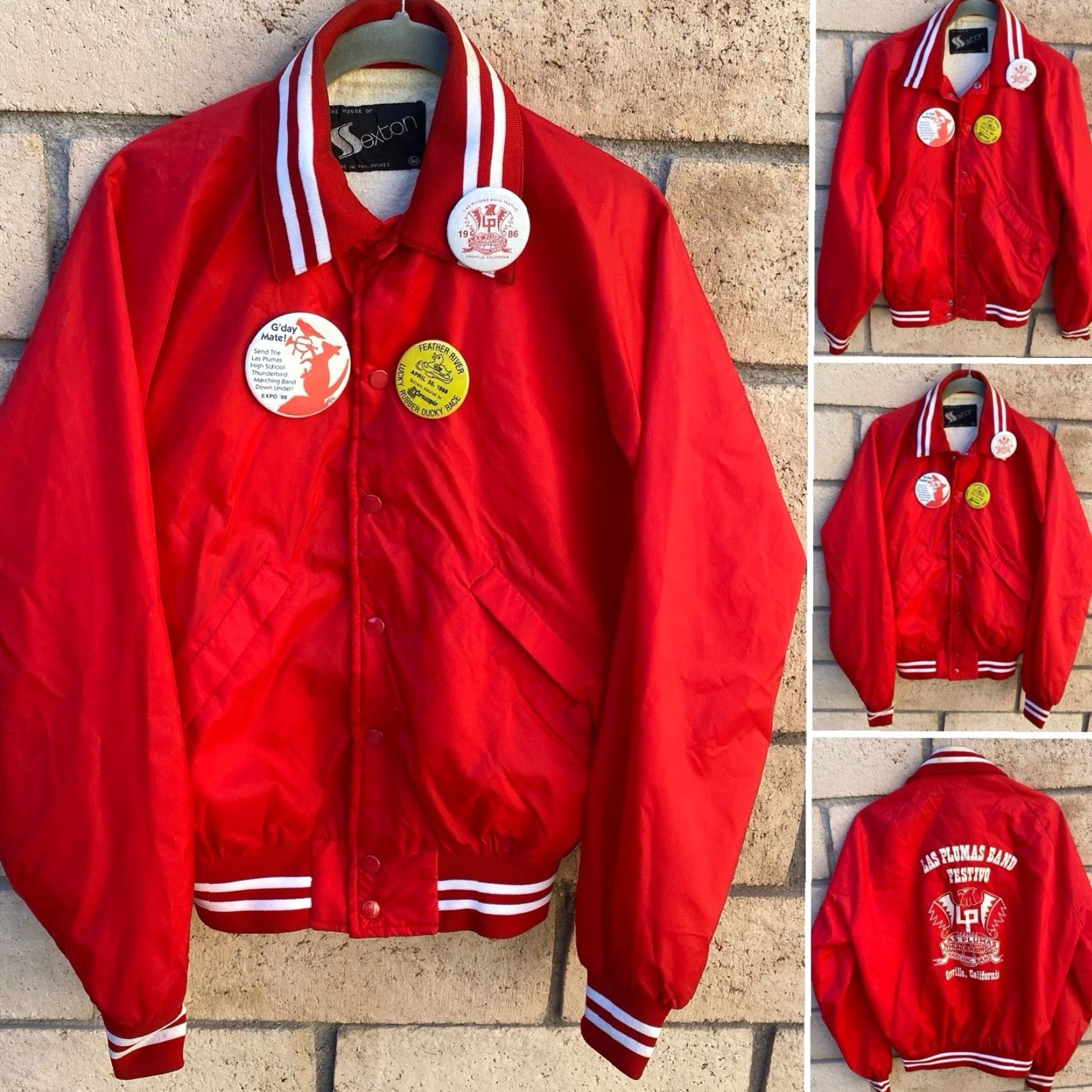 Vintage VINTAGE Sexton Las Plumas Band Jacket M Red 1980s Thunderbirds Oroville CA Pins Mens Bomber Jacket Size US M / EU 48-50 / 2 - 2 Thumbnail