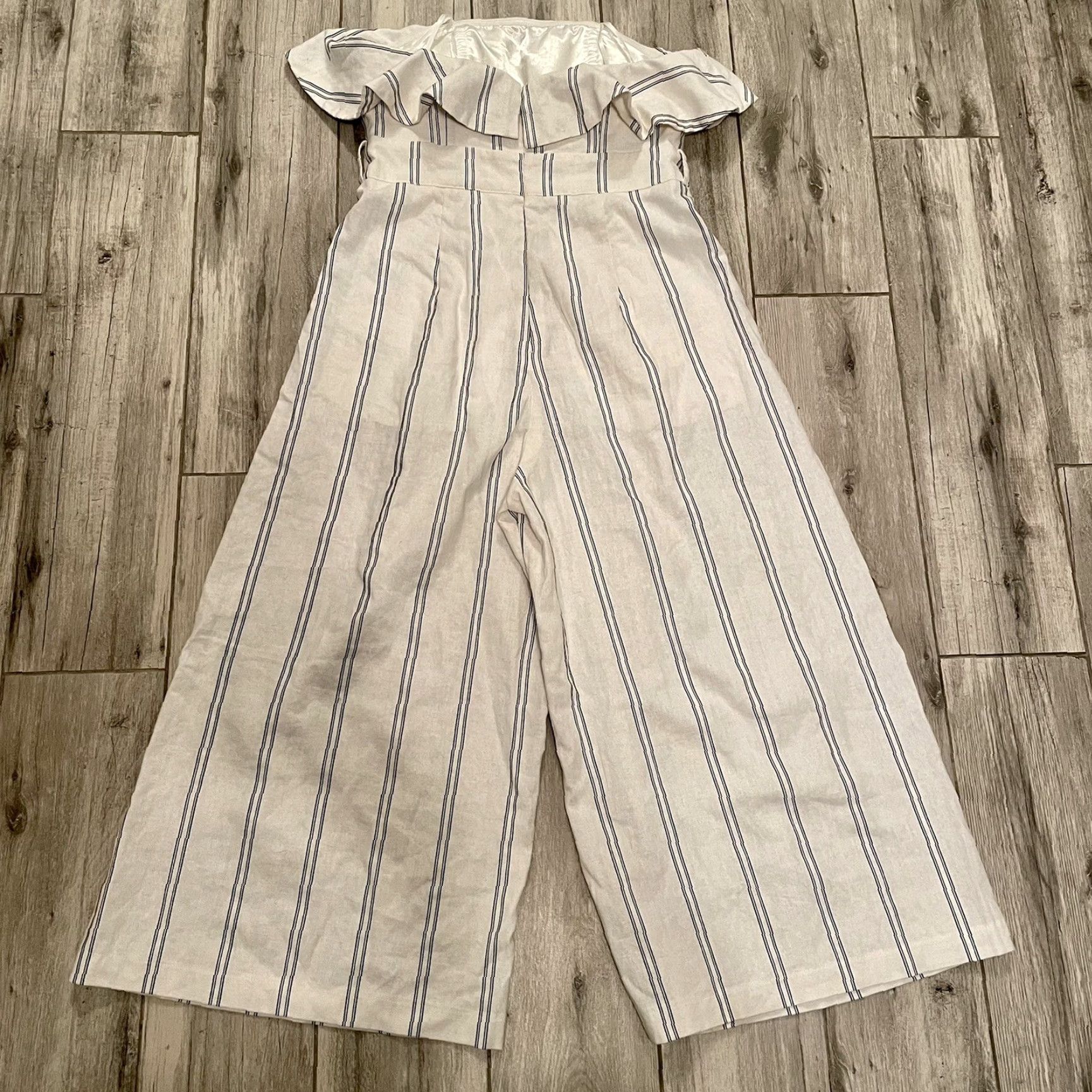 Vintage The Vintage Shop Jumpsuit Striped Strapless Ruffle Boho Ivory Crop Wide-Leg L Womens Size 36" / US 14 / IT 50 - 3 Thumbnail