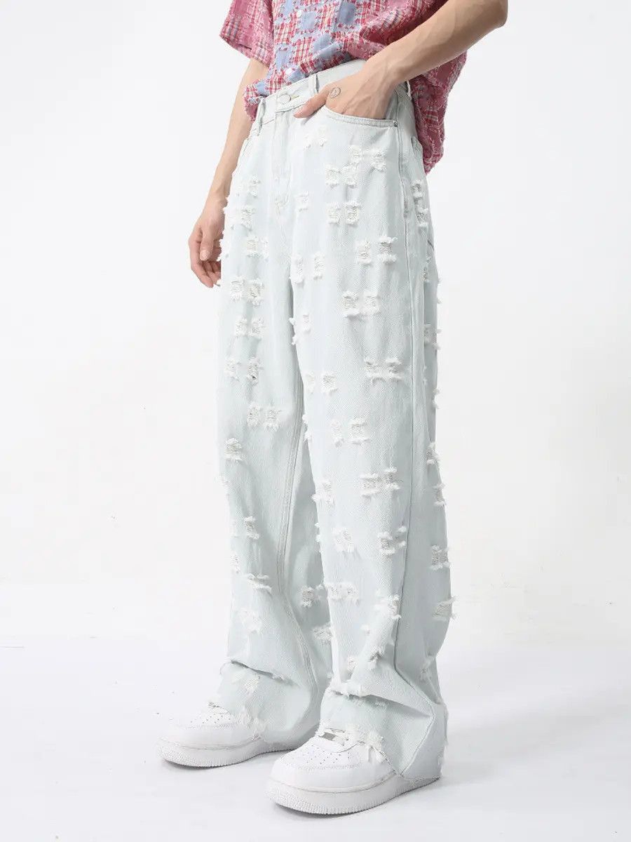 Japanese Brand Retro loose jacquard ripped jeans Size US 32 / EU 48 - 4 Thumbnail