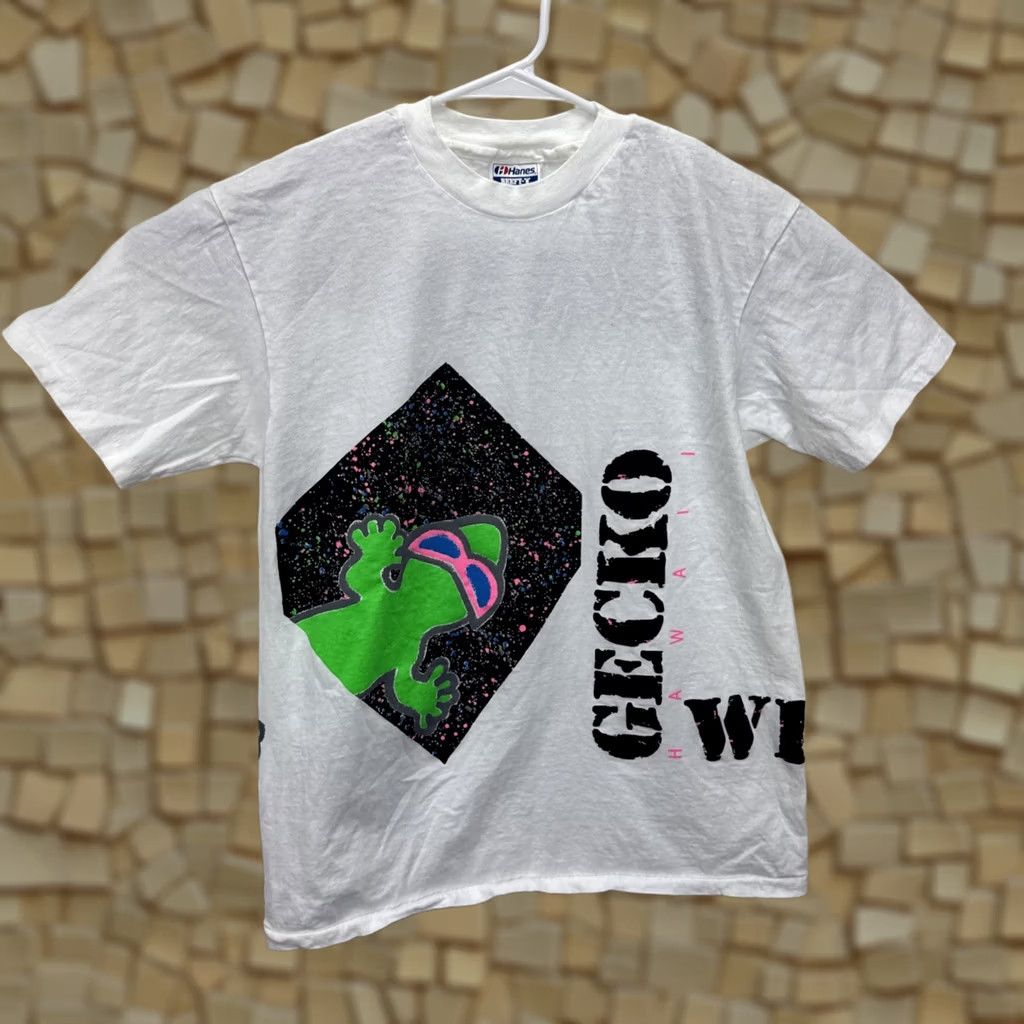 Hanes VINTAGE Gecko Hawaii T-Shirt Large White 80s Neon Print Beachy Surfer Mens Size US L / EU 52-54 / 3 - 1 Thumbnail