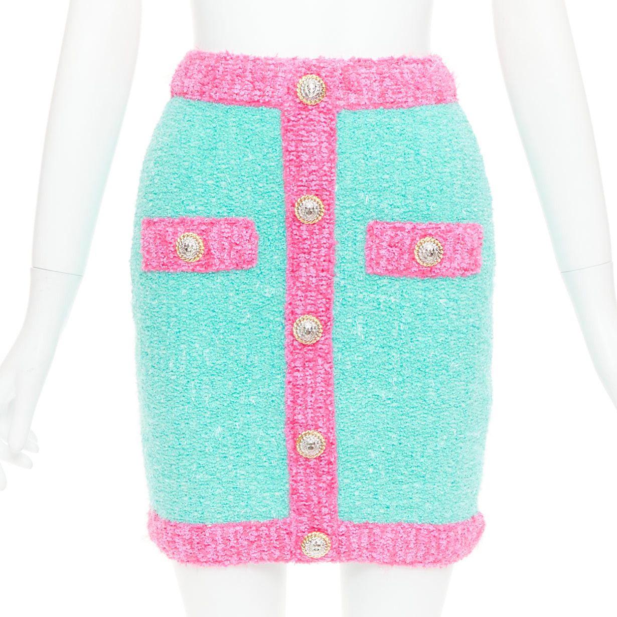 Balmain BALMAIN turquoise pink gold button embellished boucle skirt FR34 XS Size 26" / US 2 / IT 38 - 1 Thumbnail