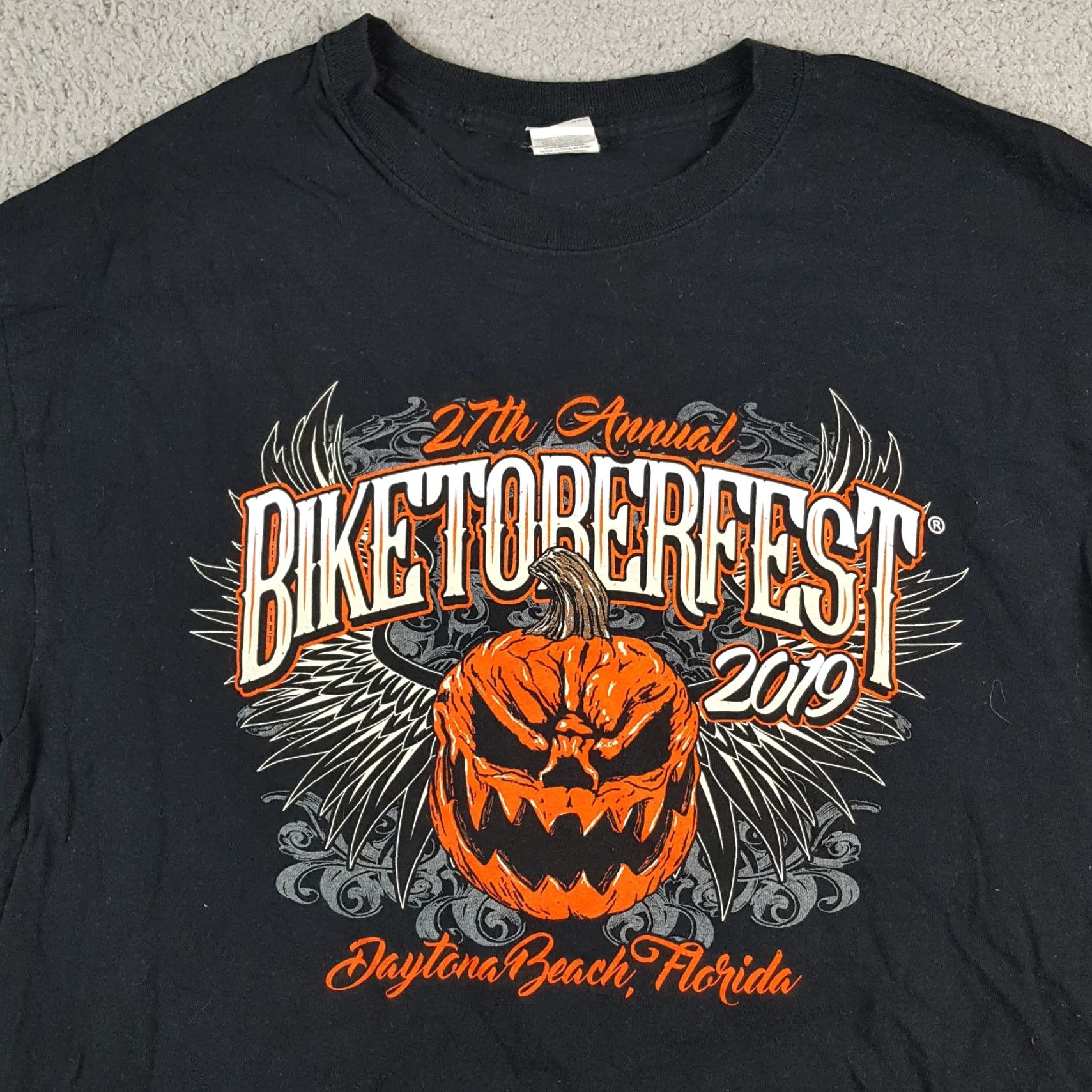 Gildan Octoberfest Daytona Beach Pumpkin Skull Angel Wings Size L Biker Black T Shirt Size US L / EU 52-54 / 3 - 2 Thumbnail