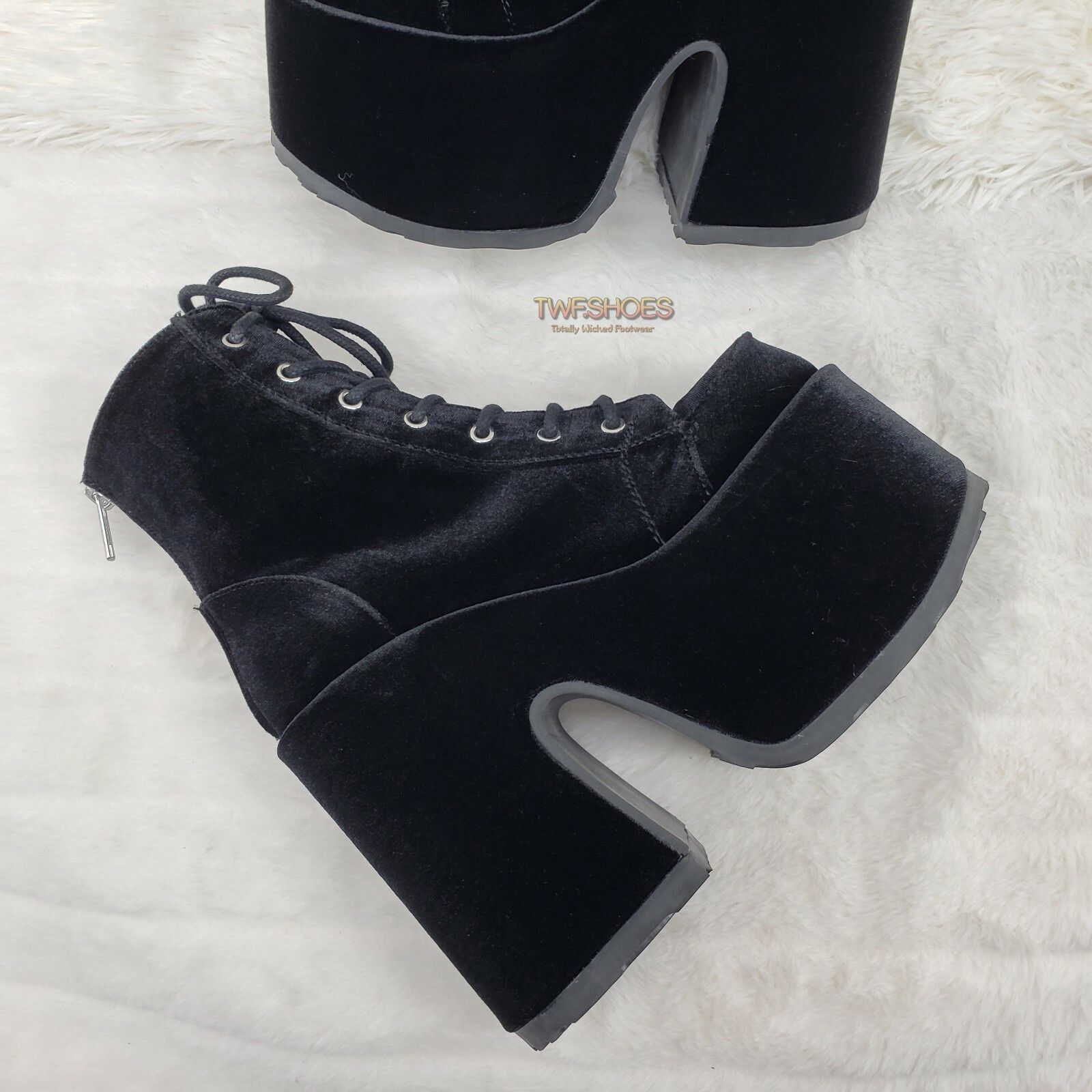 Other Camel 203 Stacked Black Velvet Platform Goth Punk Ankle Boot Size US 7 / IT 37 - 4 Thumbnail