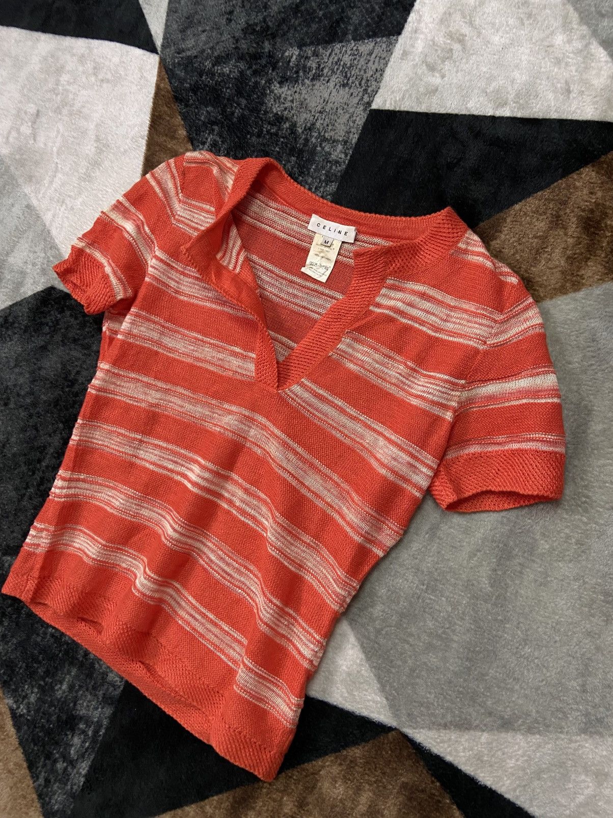 Celine Rare Vintage Celine Orange V Neck Stripe Knitwear Size M / US 6-8 / IT 42-44 - 3 Thumbnail