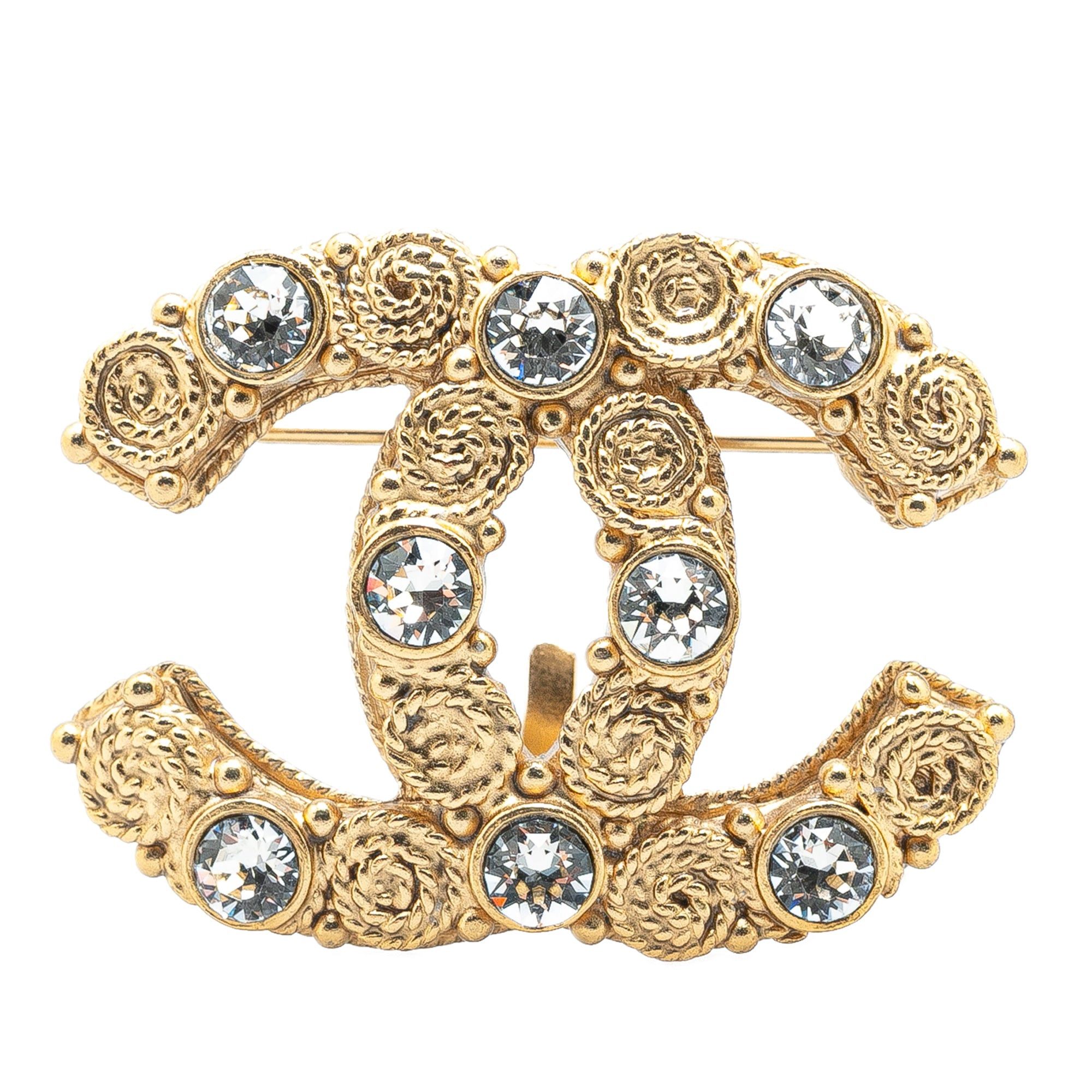Chanel Gold Plated CC Crystal Brooch Gold