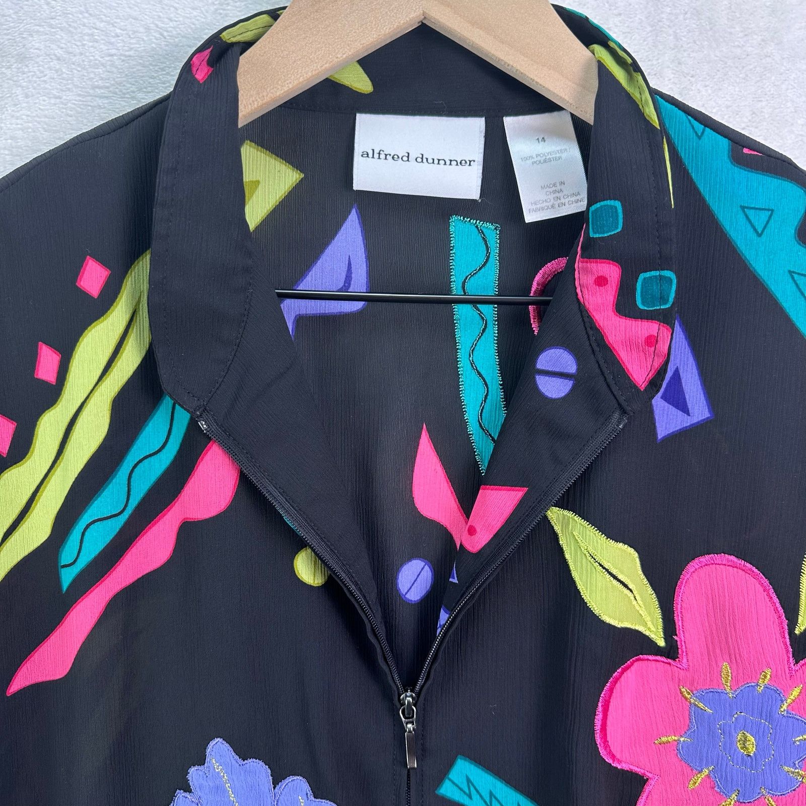 Other ALFRED DUNNER 90s Retro Black Neon Floral Sheer Zip Jacket Size XL / US 12-14 / IT 48-50 - 5 Thumbnail