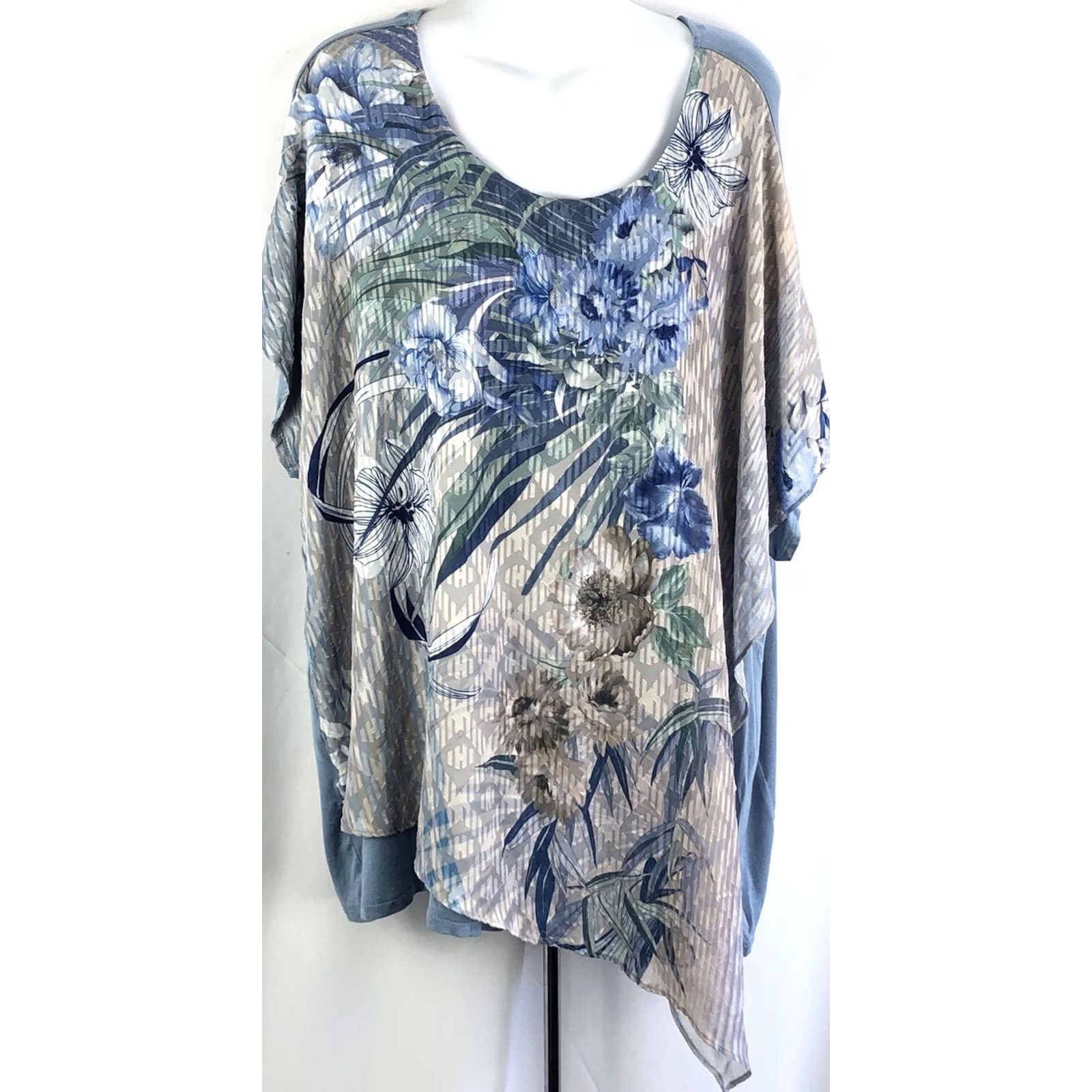 Vintage Catherines Blouse blue floral chiffon overlay scoop neck 2X Plus Womens Boho Casual Shirt Size XXL / US 16-18 / IT 52-54 - 2 Thumbnail