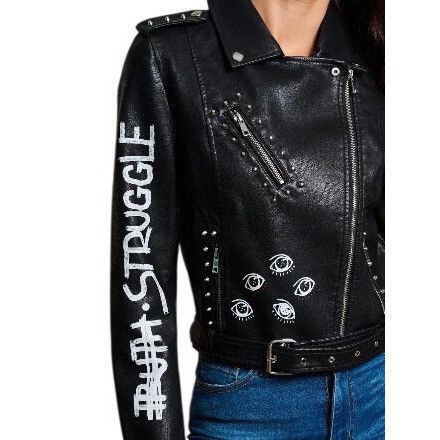 Other Black Punk Rock Graphic Studded Belted Vegan Leather Jacket Size M / US 6-8 / IT 42-44 - 14 Thumbnail