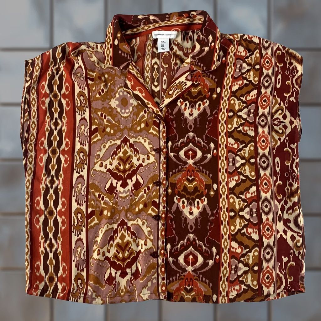 Vintage CUPCAKES AND CASHMERE Blouse Women Medium Button Up Brown Red Abstract Size M / US 6-8 / IT 42-44 - 1 Thumbnail