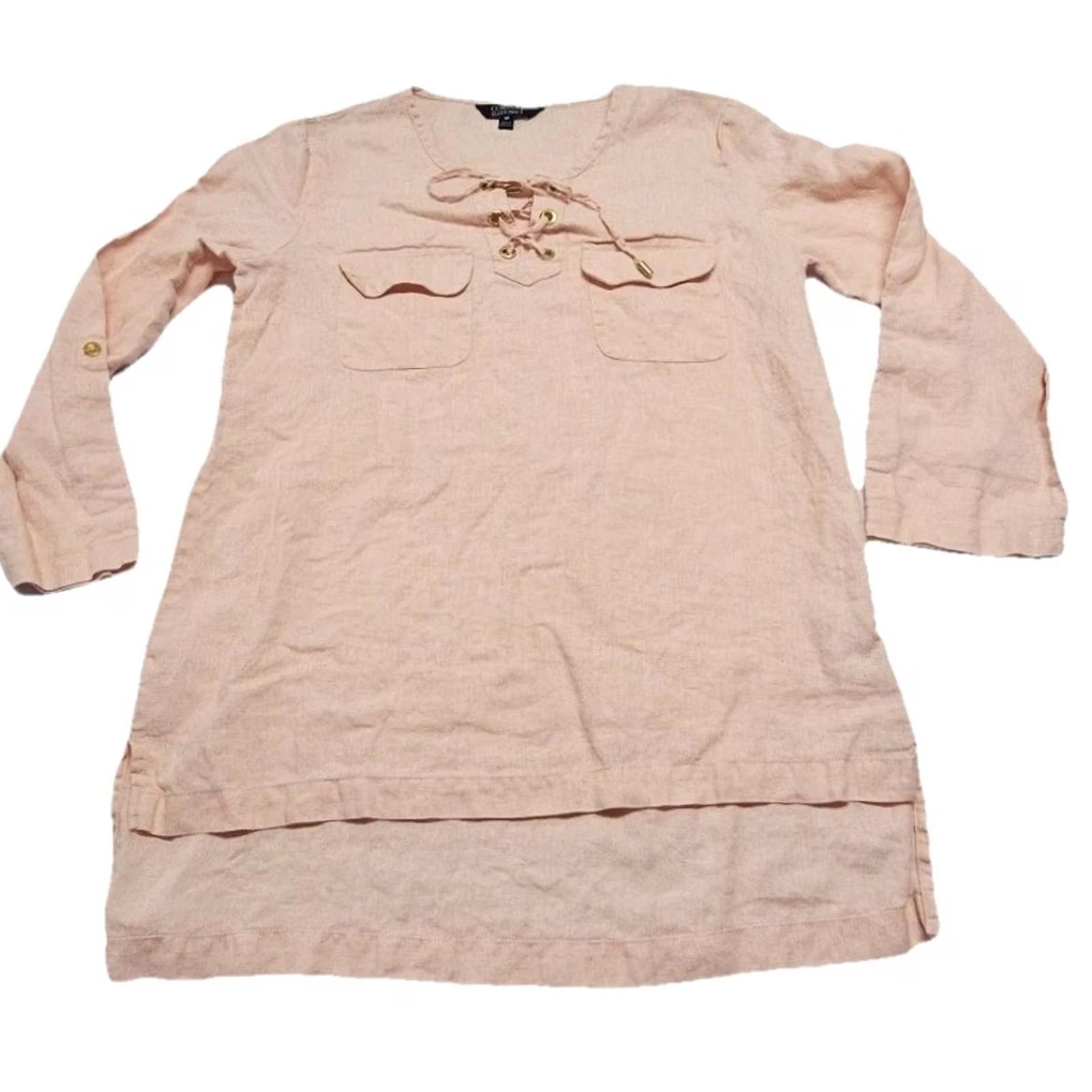Ellen Tracy Ellen Tracy Blouse Tunic M Linen Blush Pink Lace Up V-Neck Casual Sleeve Boho Coastal Minimal Women's Size M / US 6-8 / IT 42-44 - 2 Thumbnail