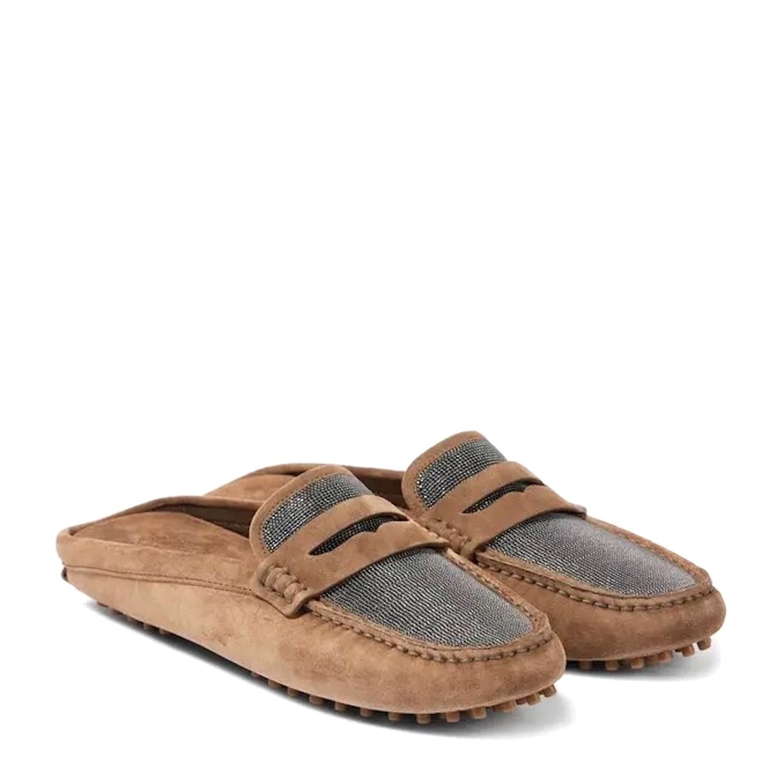 Brunello Cucinelli Monili Suede Driving Mules Brown 35