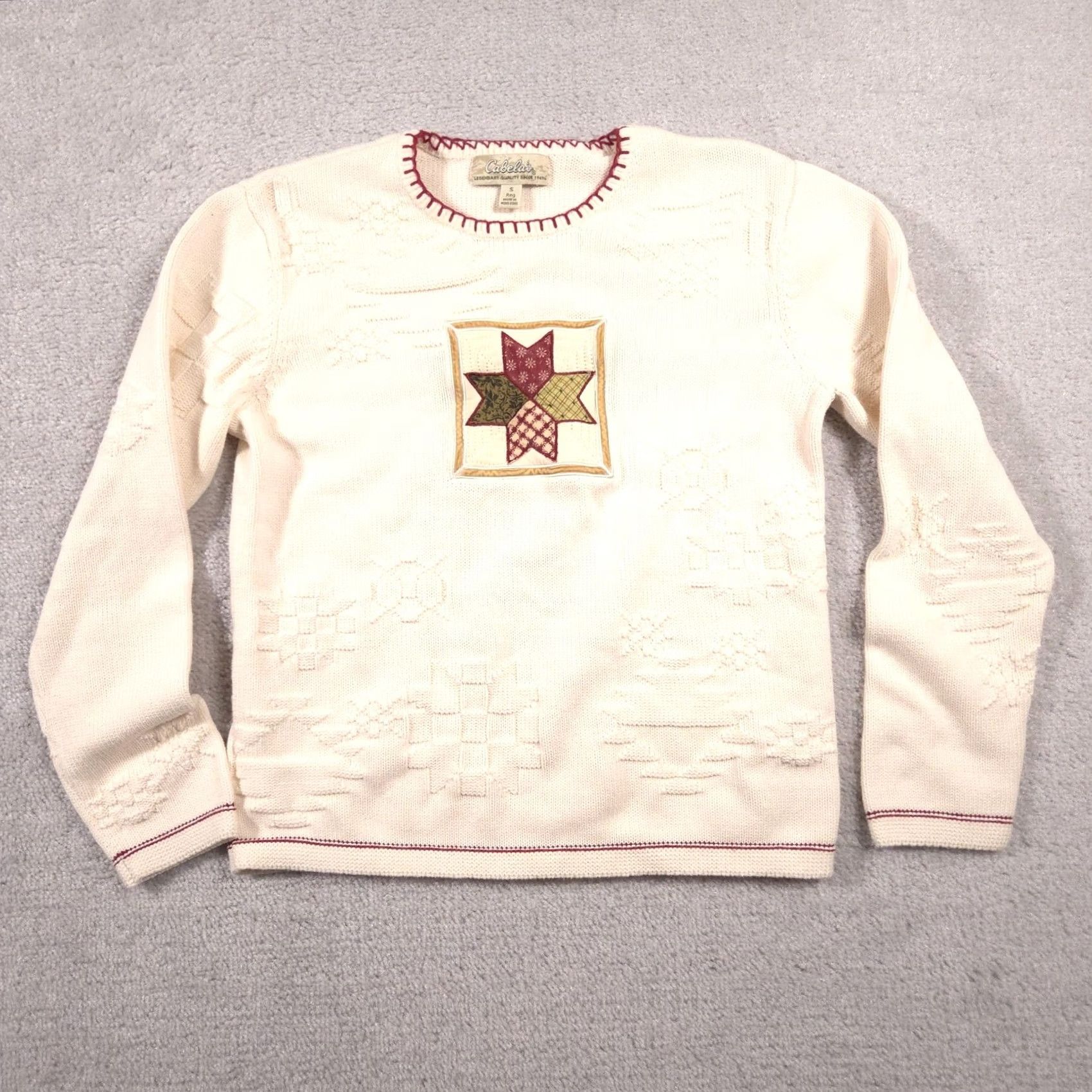 Vintage Cabela's Sweater Womens Small Ivory Textured Knit Crewneck Quilt Applique Patch Size S / US 4 / IT 40 - 2 Thumbnail