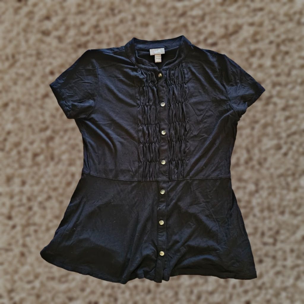 J. Jill J. Jill Shirt Women Small Black Button Front Short Sleeve Knit Pleated Career Top Size S / US 4 / IT 40 - 1 Thumbnail
