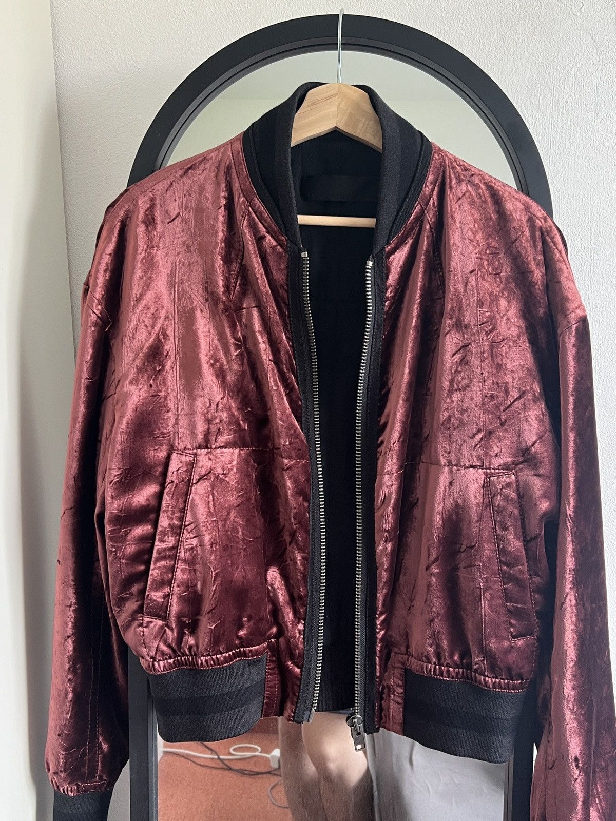 image of Haider Ackermann Fw17 Tiziano Crushed Velvet Bomber Jacket in Burgundy, Men's (Size Medium)