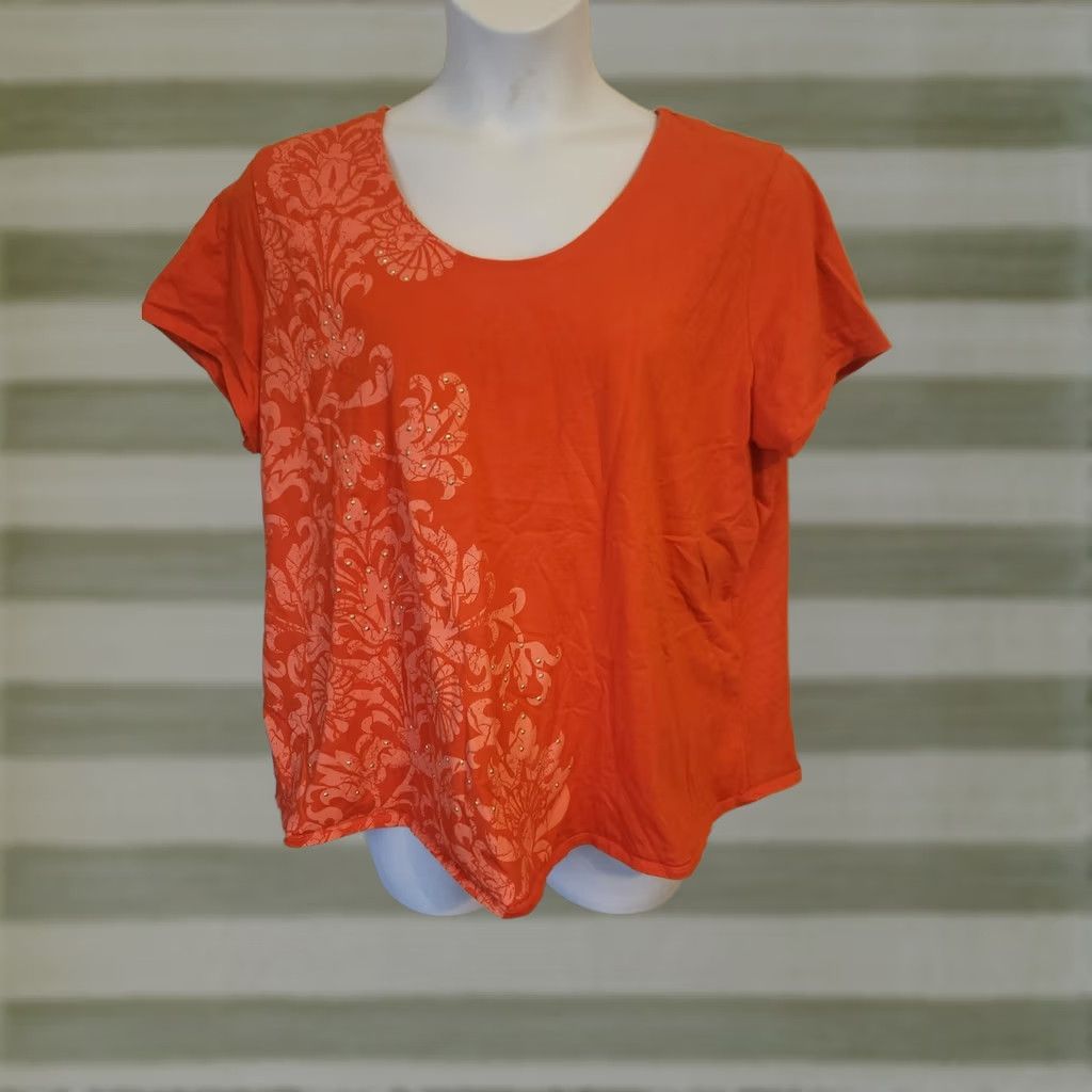 Vintage St. John's Bay Orange Floral Rhinestone Short Sleeve Top Shirt 3X Plus Size XXL / US 16-18 / IT 52-54 - 1 Thumbnail