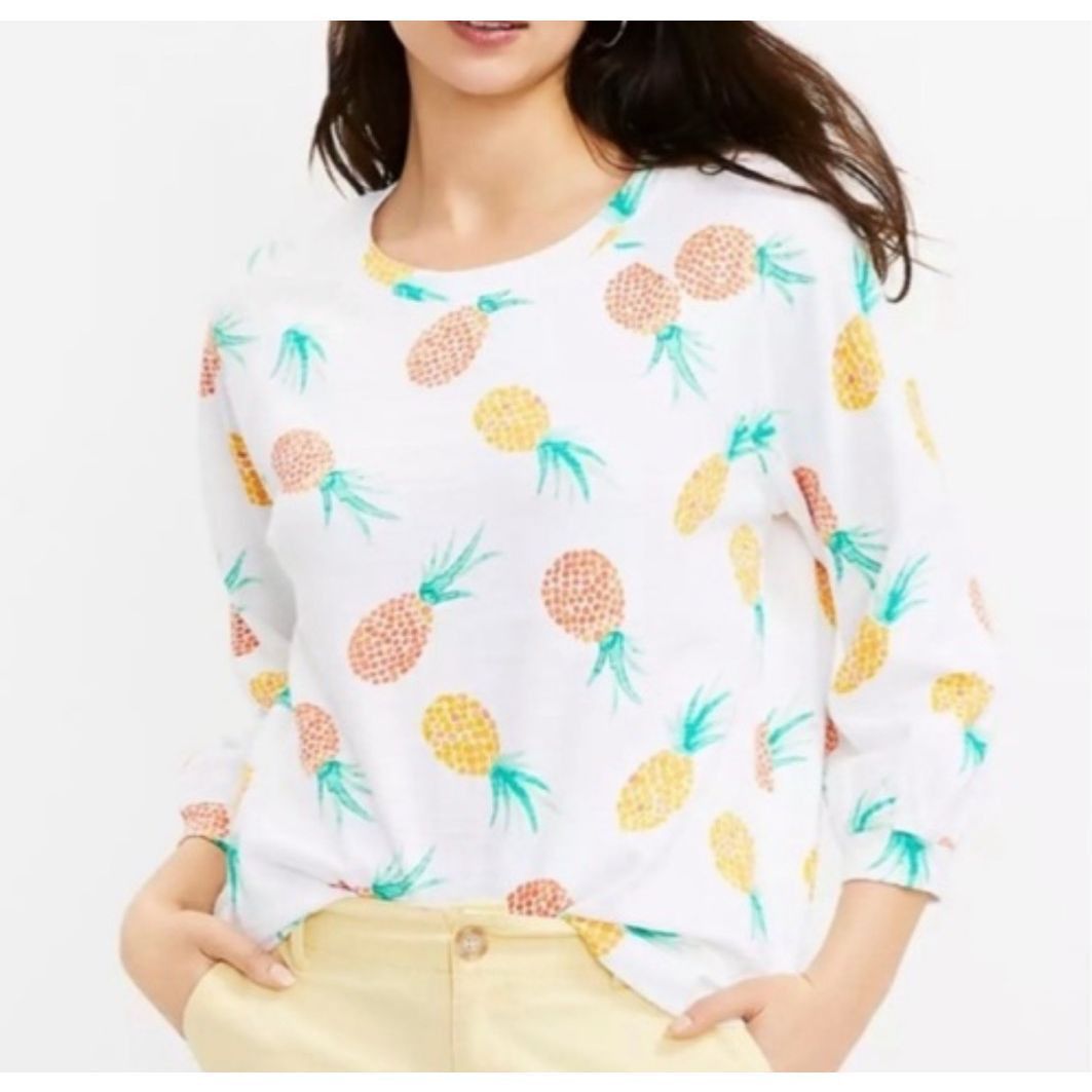 Loft LOFT white cotton pineapple print 3/4 sleeve knit top sweats Size L / US 10 / IT 46 - 1 Thumbnail