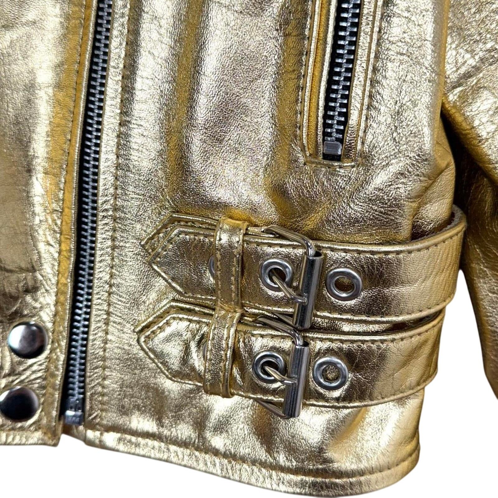 Women's Gold Metallic Style Genuine Leather Jacket - Sz: XXS
