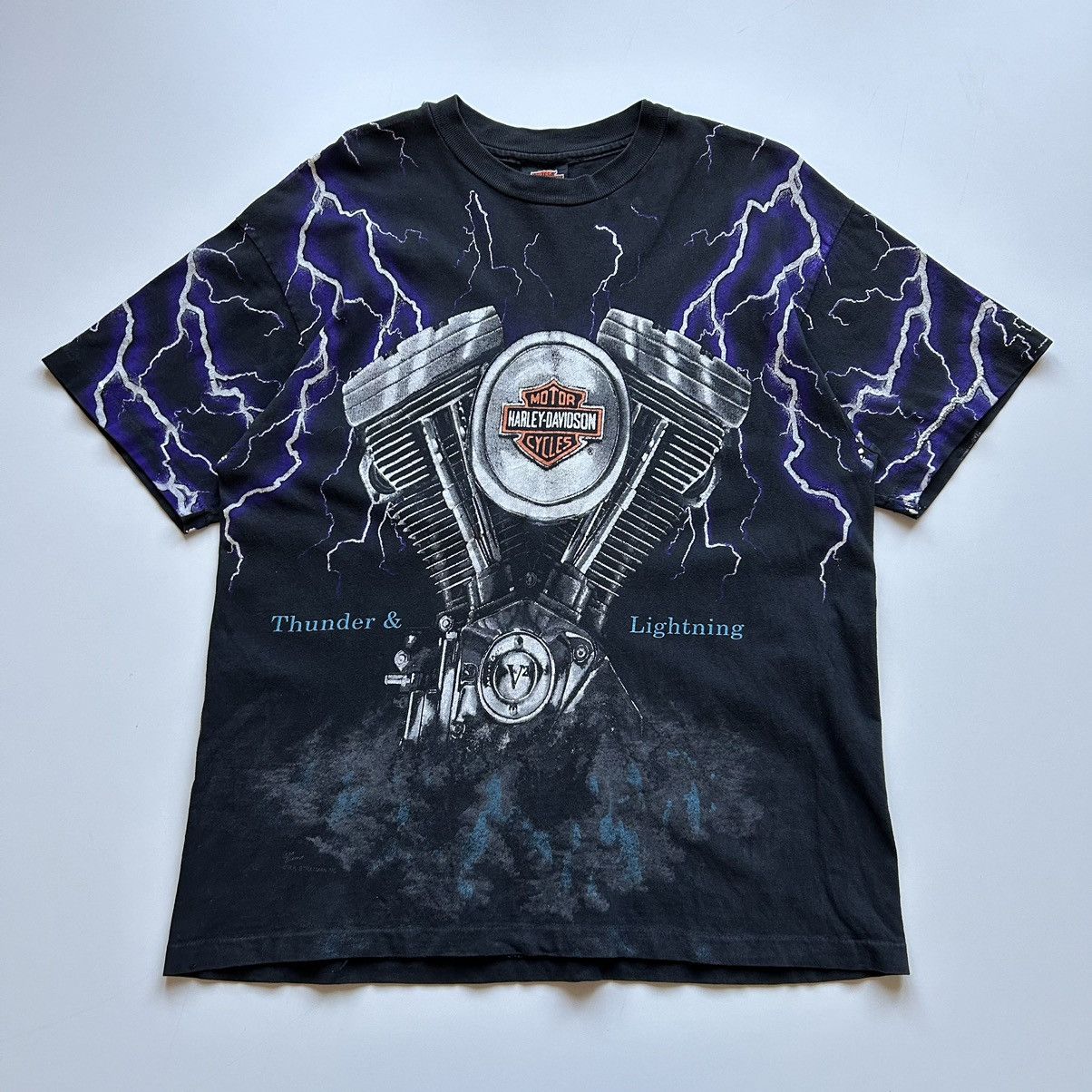 image of Vintage 90's Harley Davidson Lightning & Thunder Aop T Shirt in Black, Men's (Size Large)