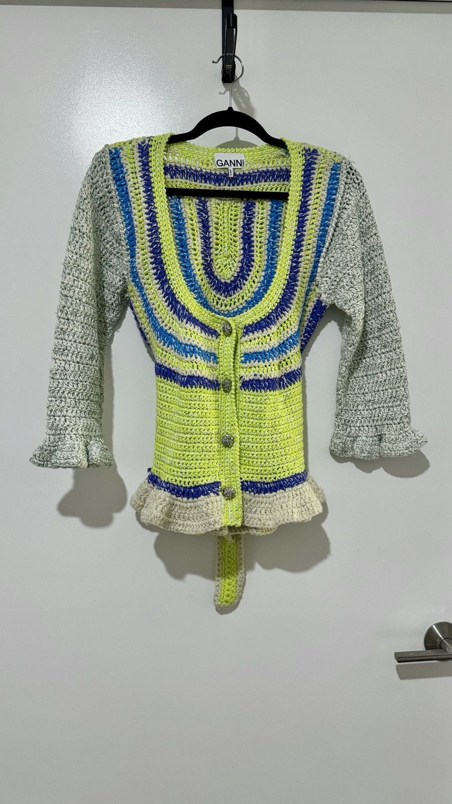 image of Ganni Novelty Crocheted Belted Cardigan in Yellow, Women's (Size Medium)