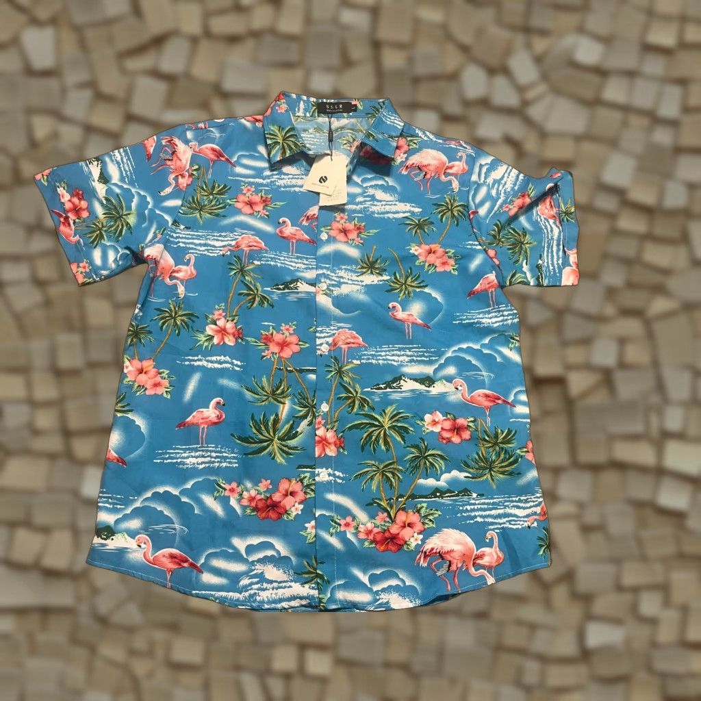 Vintage SSLR Shirt Men's Large Blue White Pink Green Palm Tree Flamingo Button Up Size US L / EU 52-54 / 3 - 1 Thumbnail