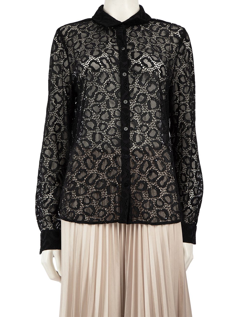 image of Diane Von Furstenberg Black Lace See Through Shirt, Women's (Size XL)