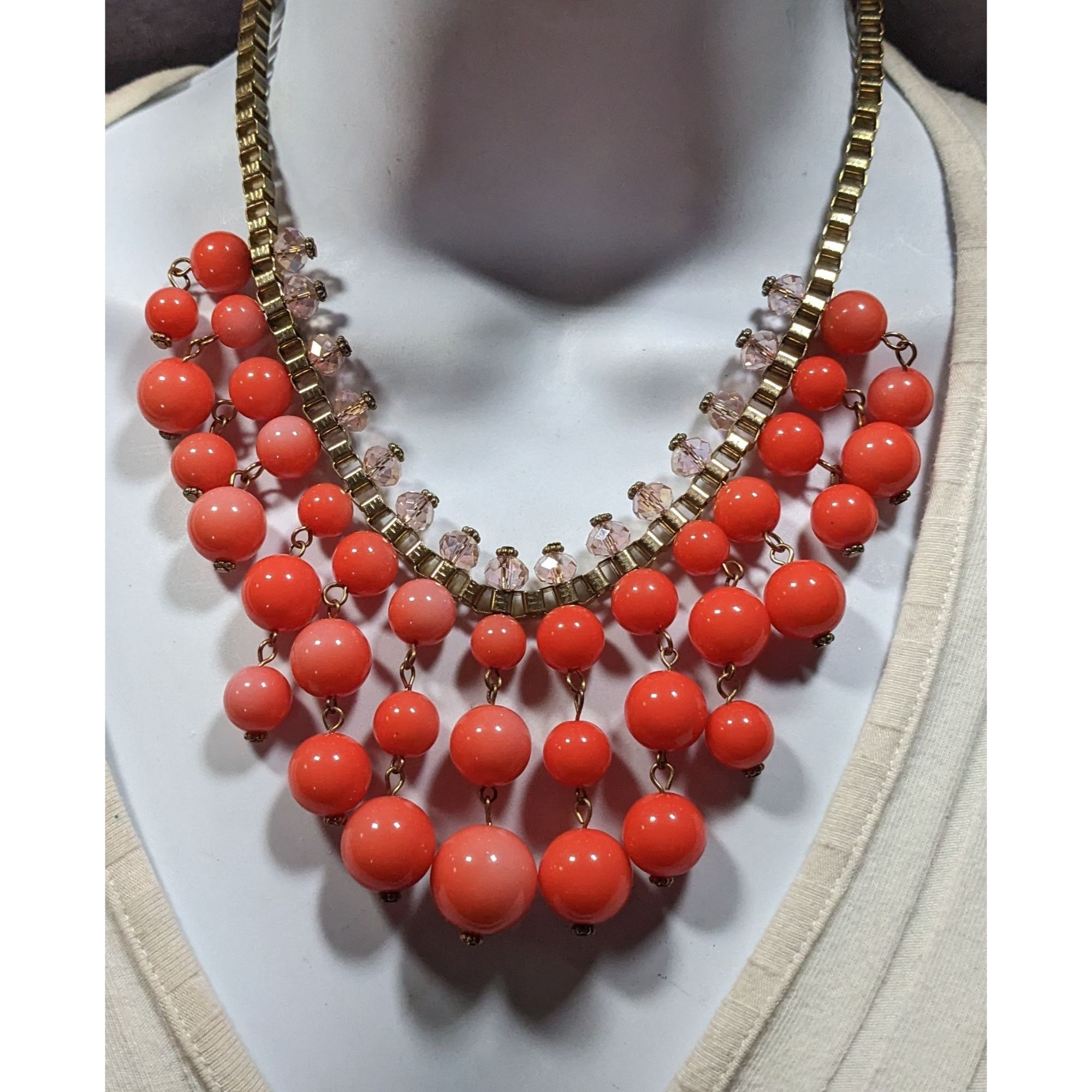 Other Vintage Salmon Beaded Fringe Necklace On Gold Tone Box Chain Size ONE SIZE - 6 Thumbnail