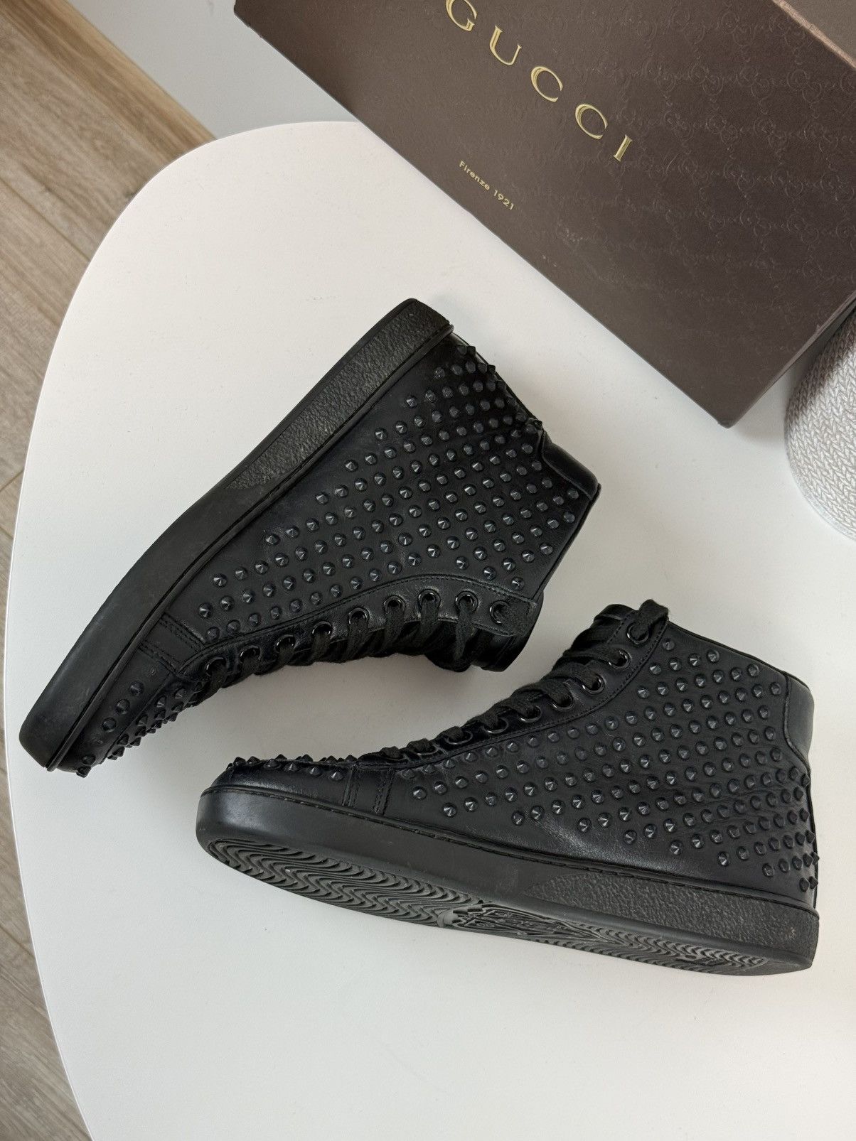 Gucci Gucci Black Leather Studded High-Top Sneakers Size US 7 / IT 37 - 6 Thumbnail