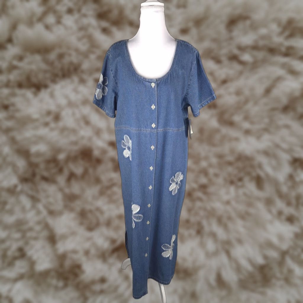 Bleu Bayou Dress Womens XL Blue Denim Button Front Folk Floral Applique Maxi