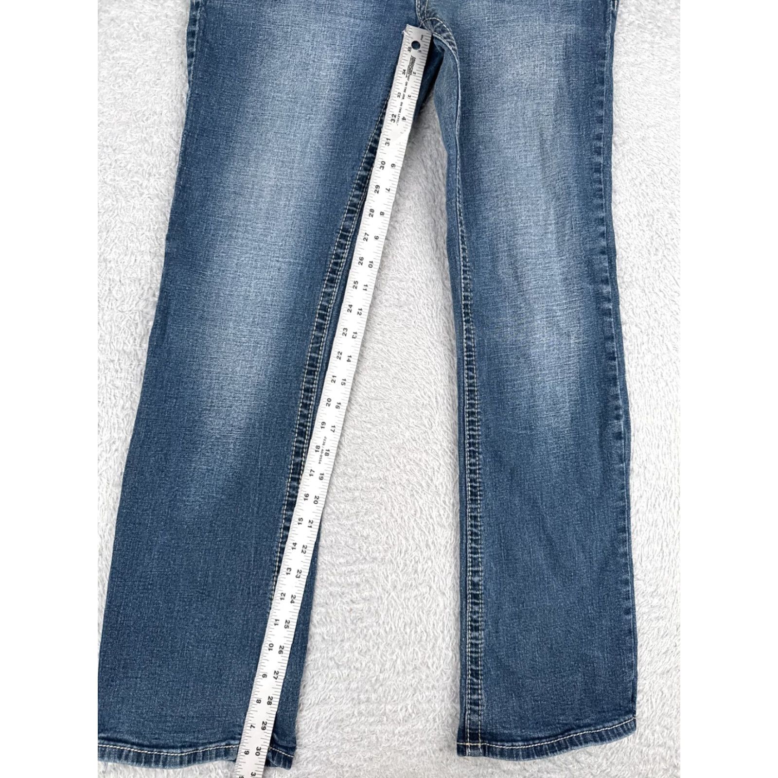 Denime Ariya Jeans Pants Juniors 15 Blue Denim Flared Mid Rise 32x31 Embroidered Distressed Stretch Cotton Size 36" / US 14 / IT 50 - 7 Thumbnail