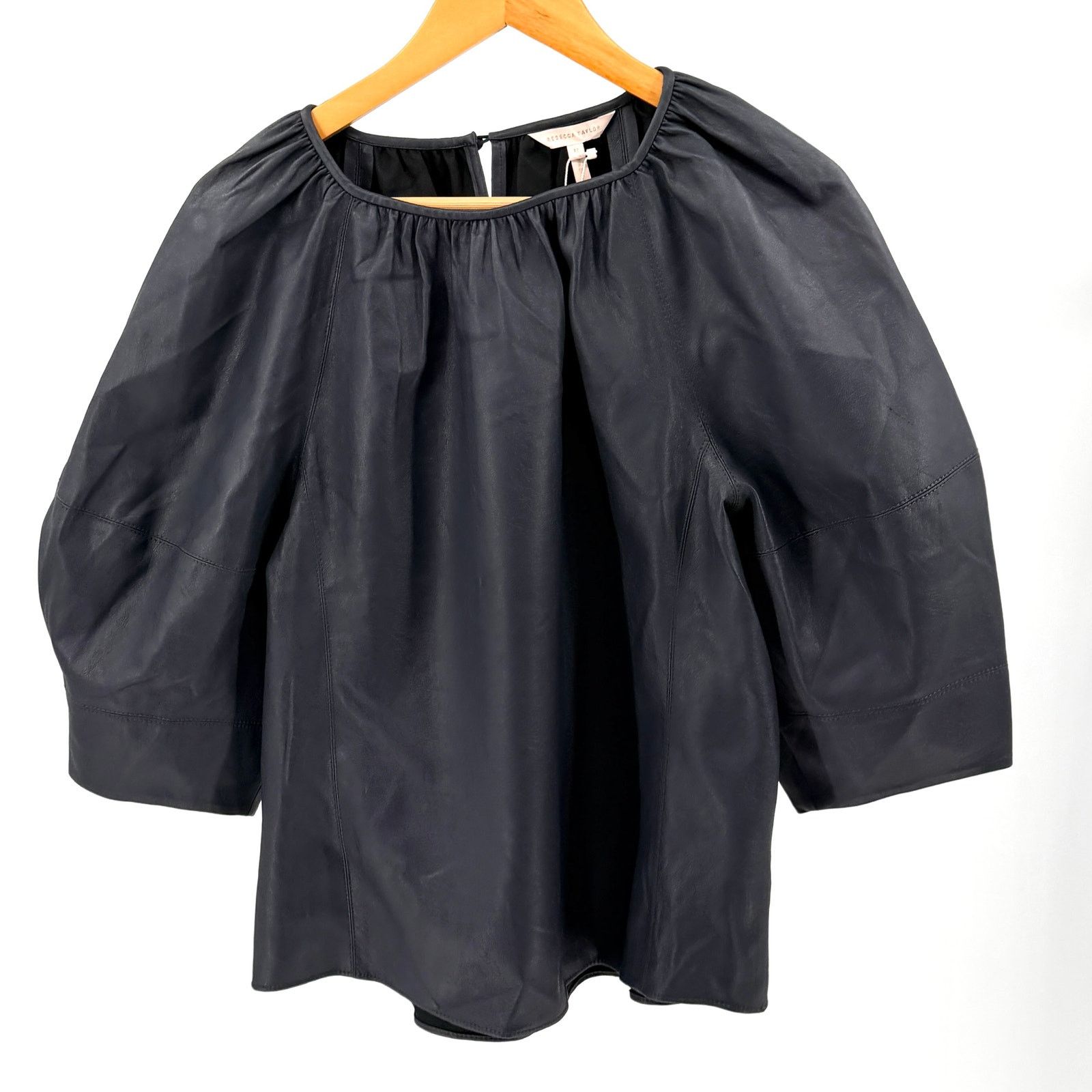 Rebecca Taylor Navy Blue Vegan Leather Silk Lined Puff Sleeve Top Size L / US 10 / IT 46 - 1 Thumbnail