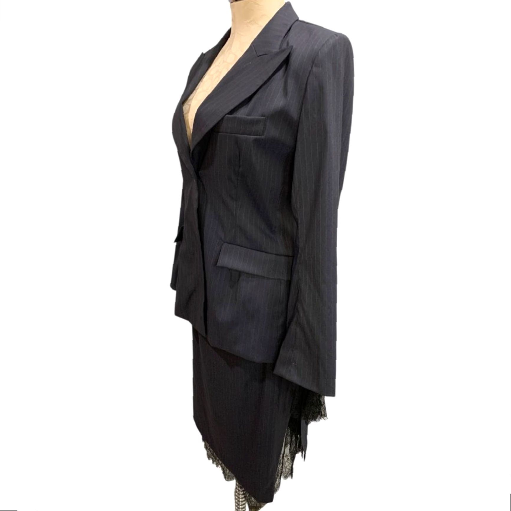 Vintage VINTAGE Marcel Marongiu Skirt Suit Black Pinstripe Lace Trim Size 38 Women Size 26" / US 2 / IT 38 - 3 Thumbnail