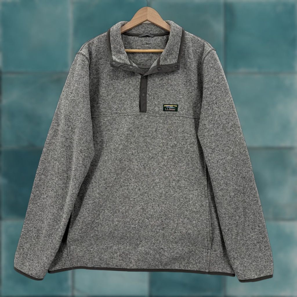 Vintage LL Bean Sweater Fleece Pullover Mens XLT Gray Heather Knit 1/4 Snap Mock Neck Size US XL / EU 56 / 4 - 1 Thumbnail
