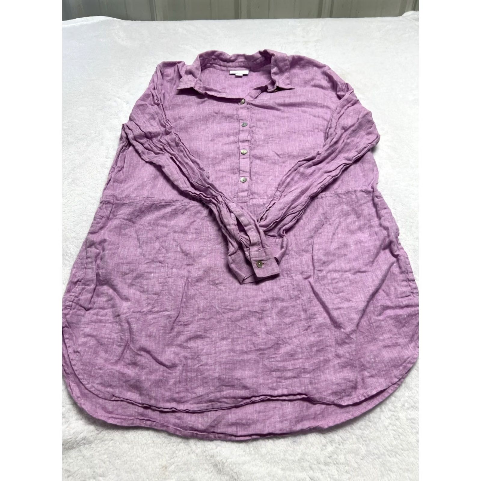 J. Jill J. Jill Love Linen Tunic Top Blouse M Lilac 100% Linen Long Sleeve Popover Collared Buttoned Relaxed Fit Women Linen Top Size M / US 6-8 / IT 42-44 - 4 Thumbnail