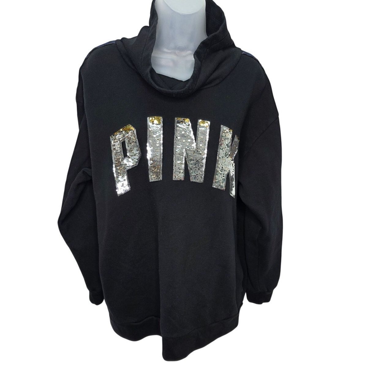 Victoria's Secret Pink Victoria's Secret Black Cowl Neck Sweatshirt Sequin Size L / US 10 / IT 46 - 1 Thumbnail