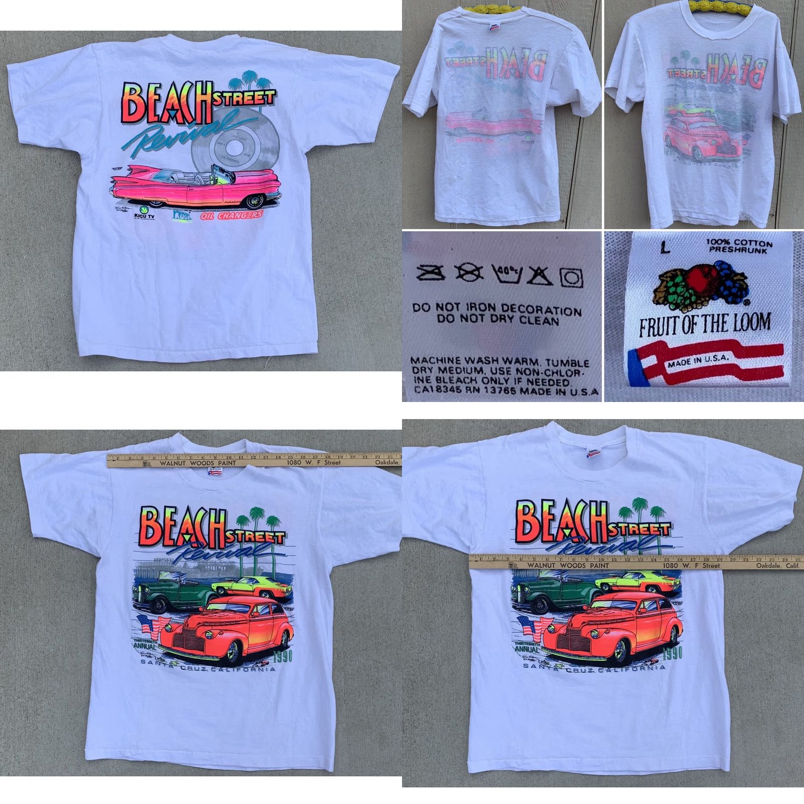 Fruit Of The Loom VINTAGE Beach Street Revival 1990 Santa Cruz T-Shirt neon graphics Classic Cars Shirt Unisex L White 1990s Graphics Tee Girls/Mens? Size US L / EU 52-54 / 3 - 8 Thumbnail