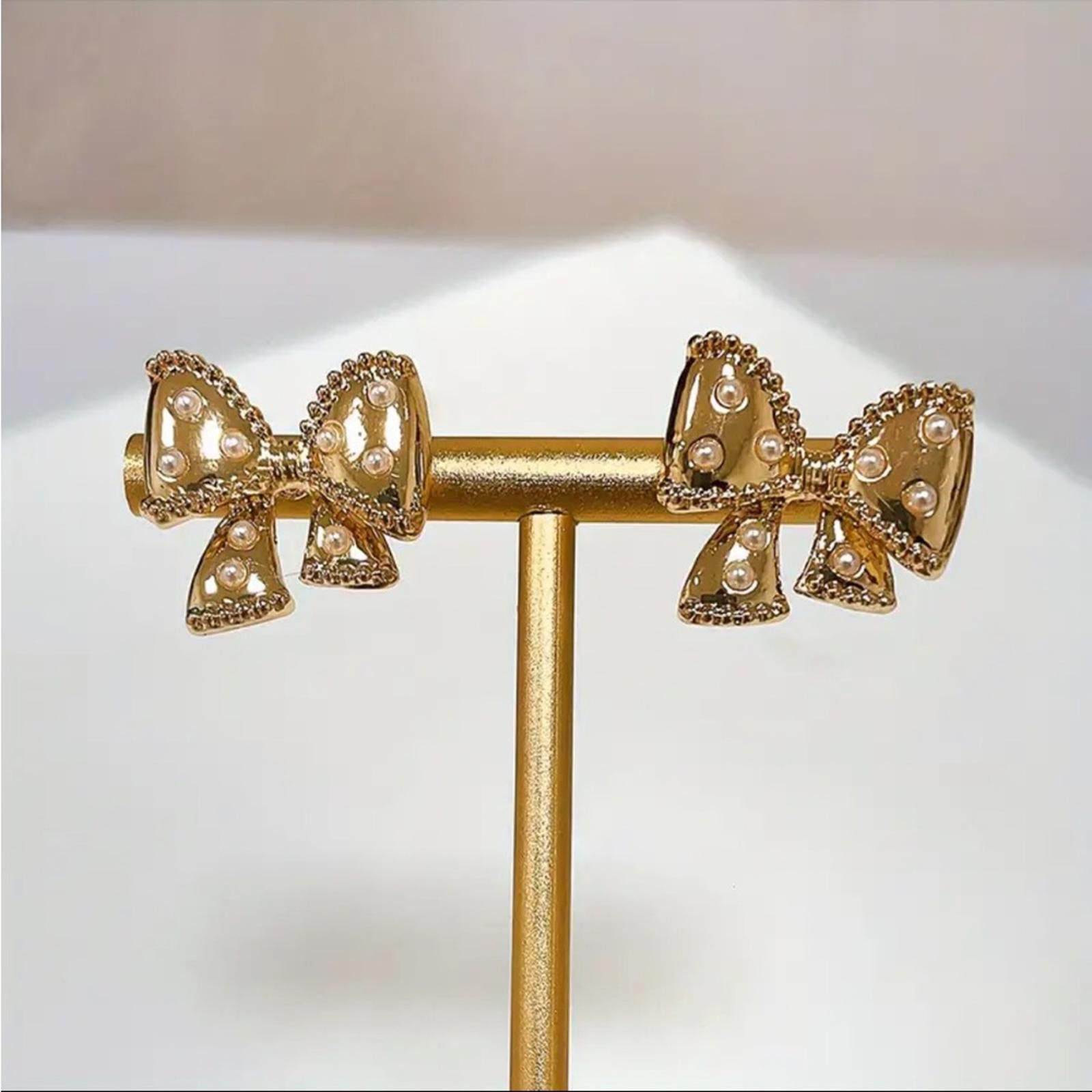 Designer Gold Bow Earrings with Pearls Size ONE SIZE - 3 Thumbnail