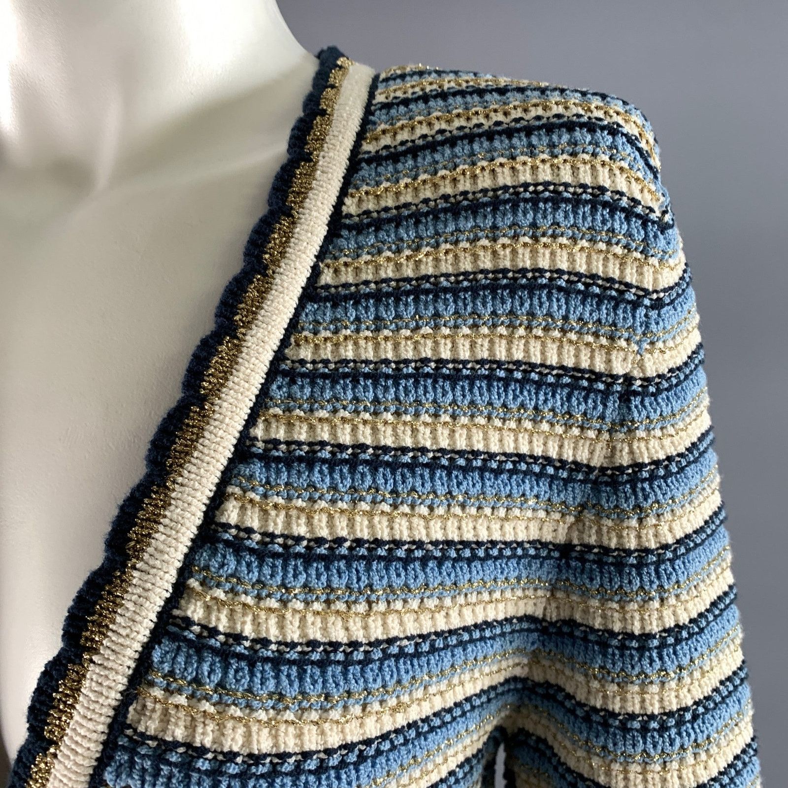 Veronica Beard VERONICA BEARD S Blue White Gold Stripe Cotton Cardigan Size S / US 4 / IT 40 - 2 Thumbnail