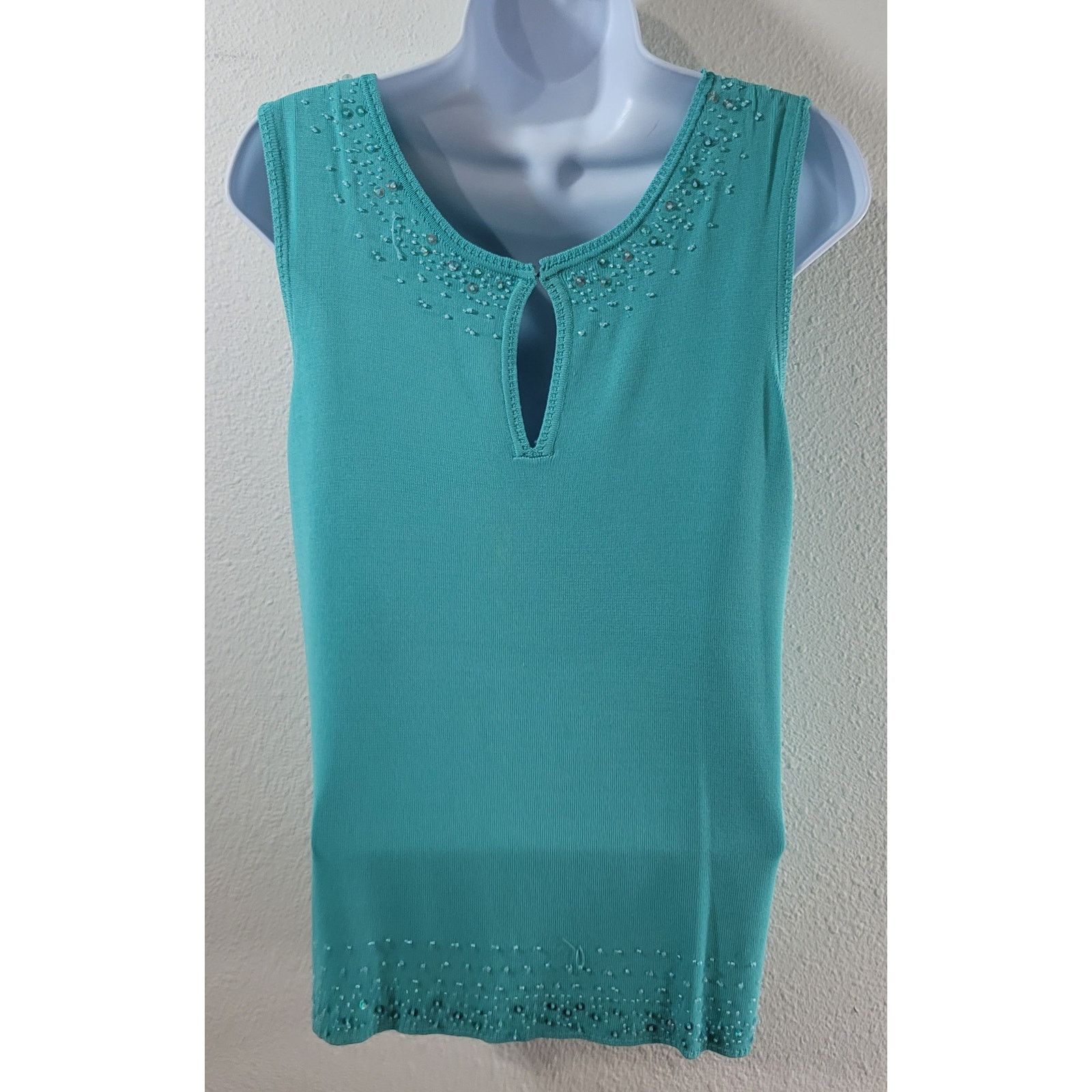 Other Teal Beaded Round Neck & Hem Sleeveless Top Medium Keyhole Size M / US 6-8 / IT 42-44 - 4 Thumbnail