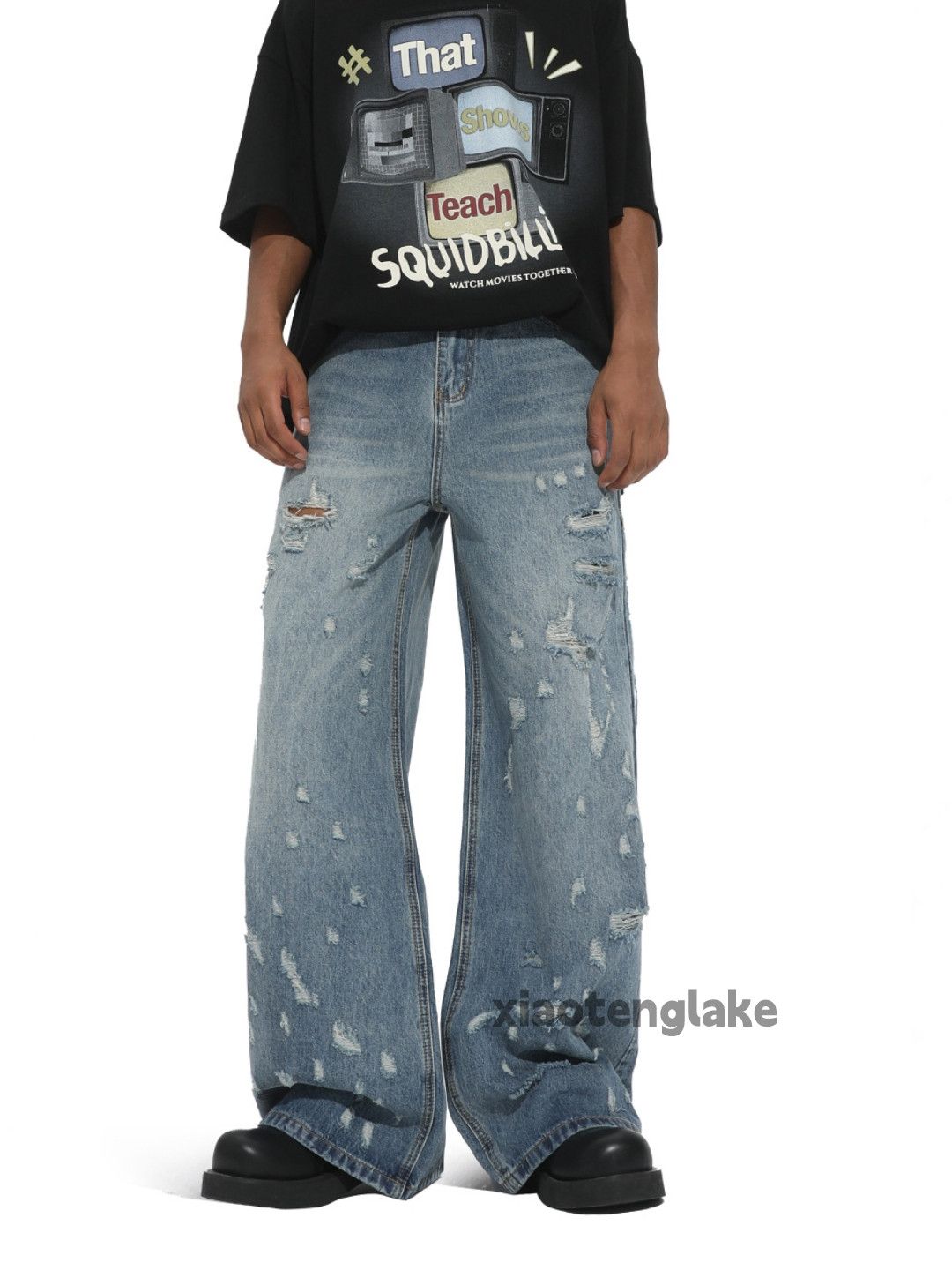 Jean Unisex washed faded utility punk yuppie ripped jeans Size US 30 / EU 46 - 4 Thumbnail