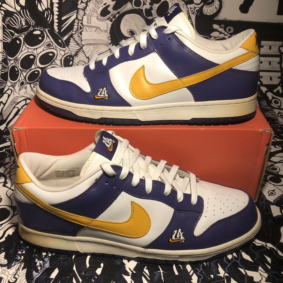 image of 2004 Nike Dunk Low La Los Angeles Court Purple Kobe Shoes in Purple Yellow, Men's (Size 13)