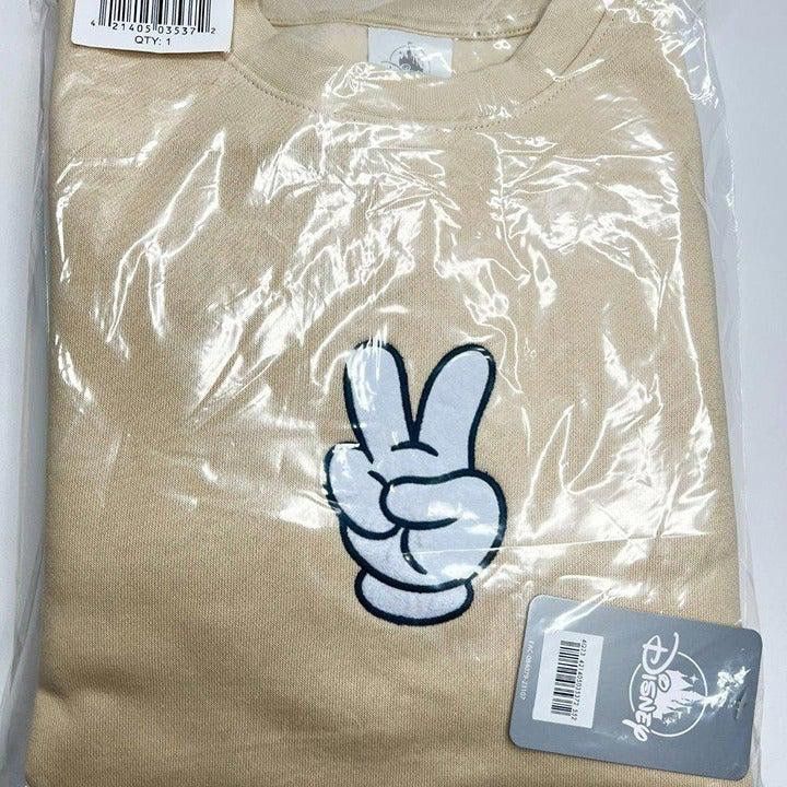 Image of Disney Mickey Mouse Peace Sign Pullover Sweatshirt For Adults in Beige, Men's (Size Small)