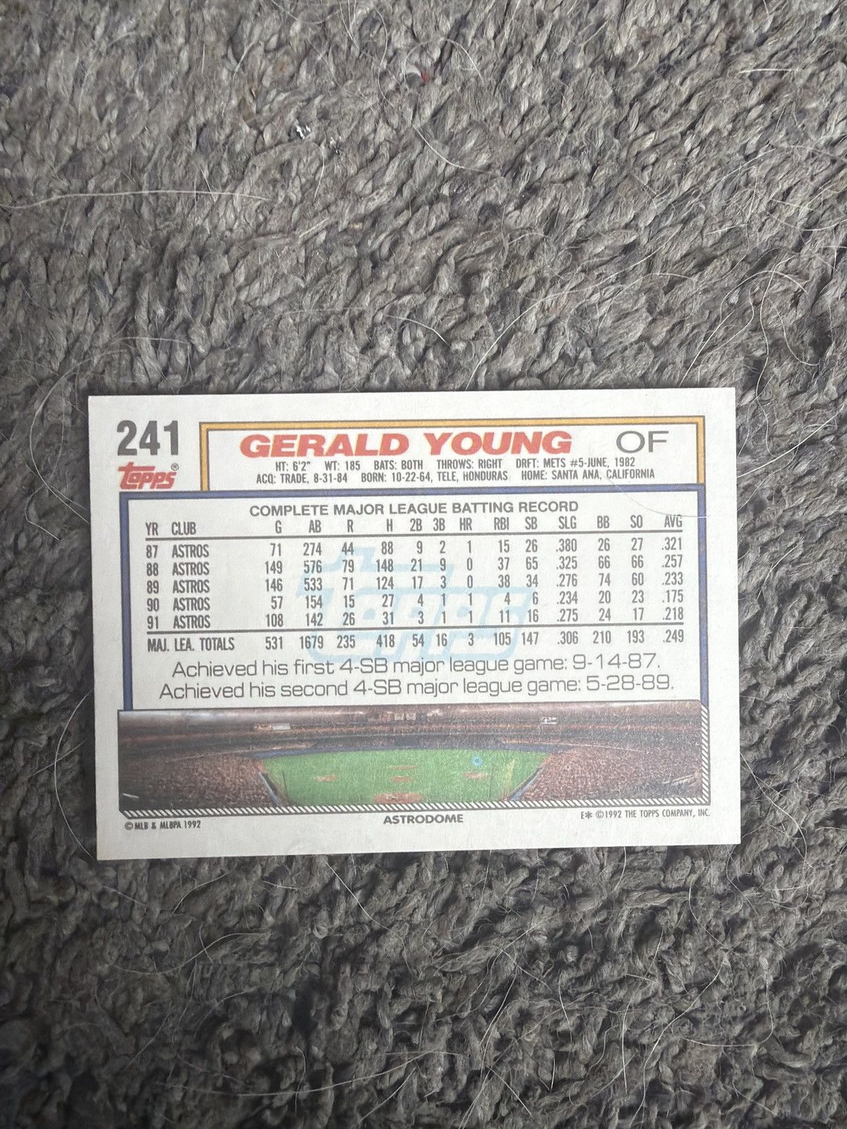 MLB 1992 Topps #241 Gerald Young Card Size ONE SIZE - 2 Thumbnail