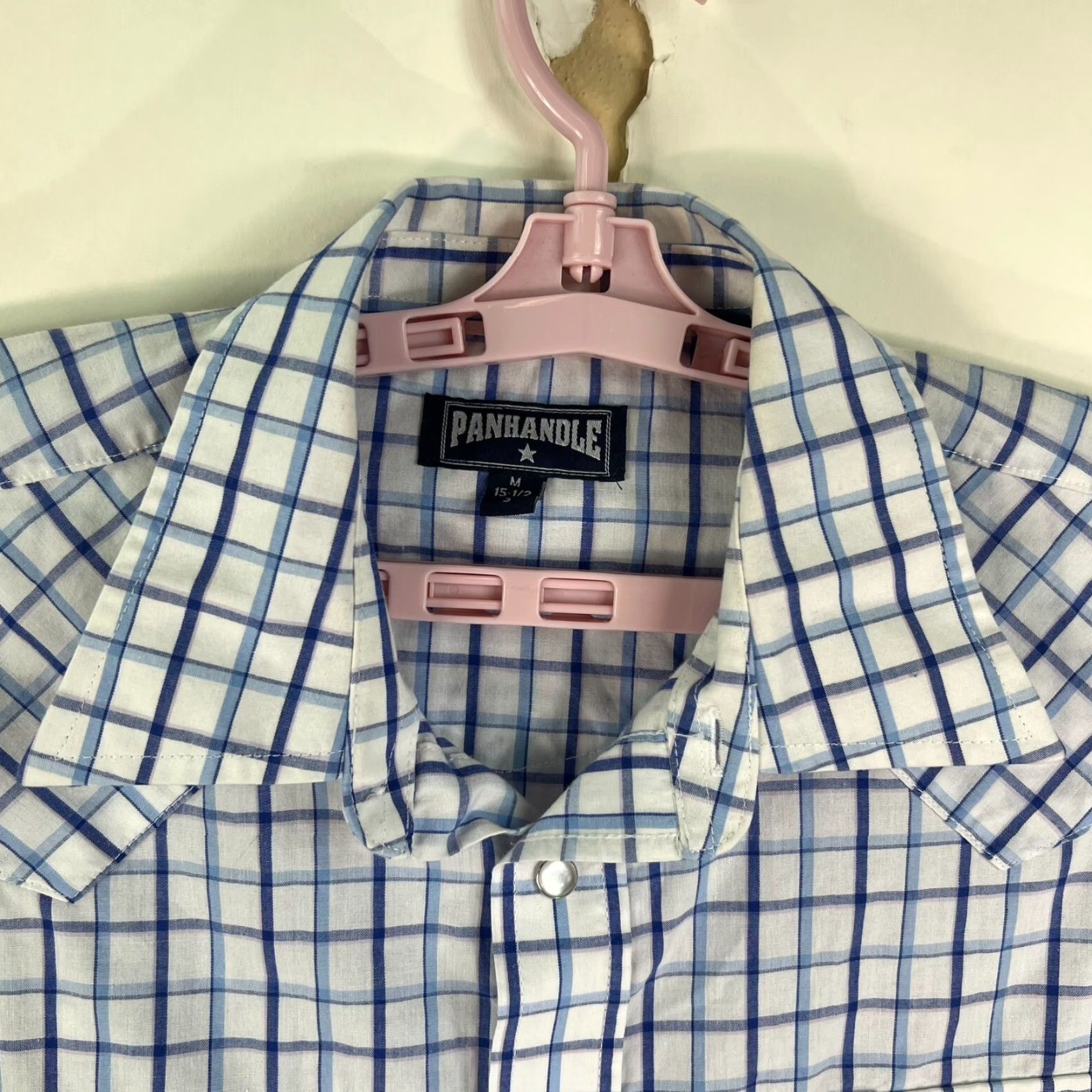 Vintage Panhandle Slim Pearl Snap Checked Button Up Shirt Mens Size M White Blue 15.5/3 Long Sleeve Chest 44 in Button-Up Western Pattern Check Vintage No N/A Size US L / EU 52-54 / 3 - 3 Thumbnail