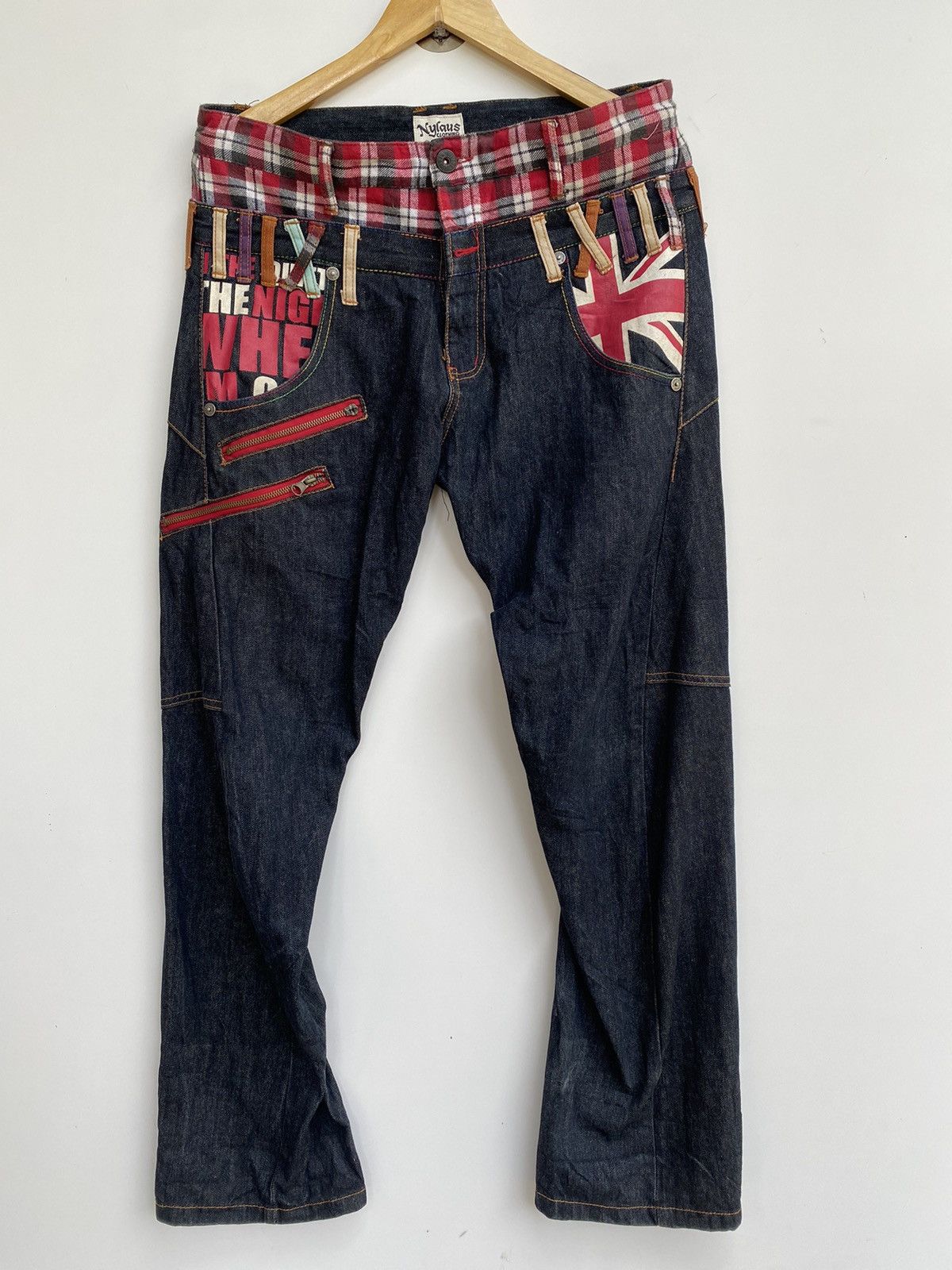 Japanese Brand Vtg Nylaus. Denim Double Waist Flag Logo Size US 35 - 1 Thumbnail