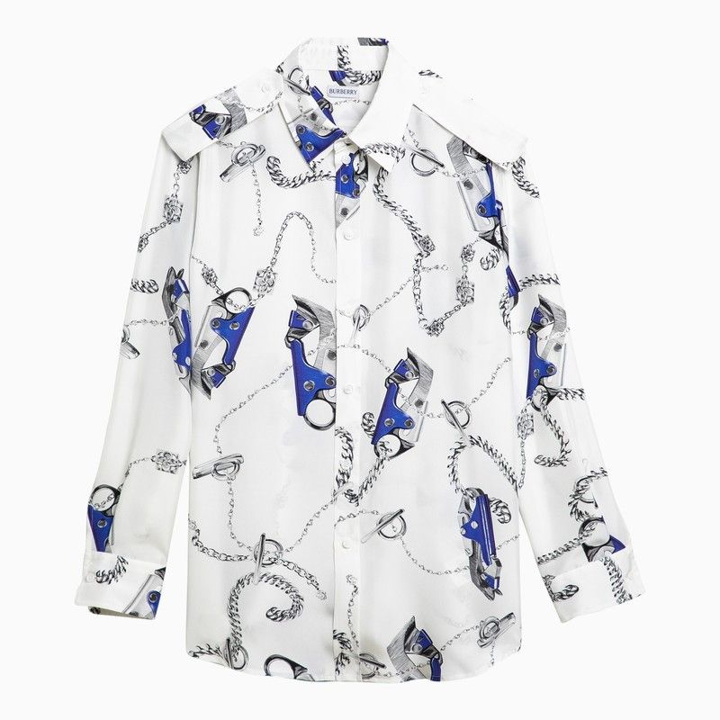image of Burberry White Shirt With Blue Silk Pattern, Women's (Size Small)