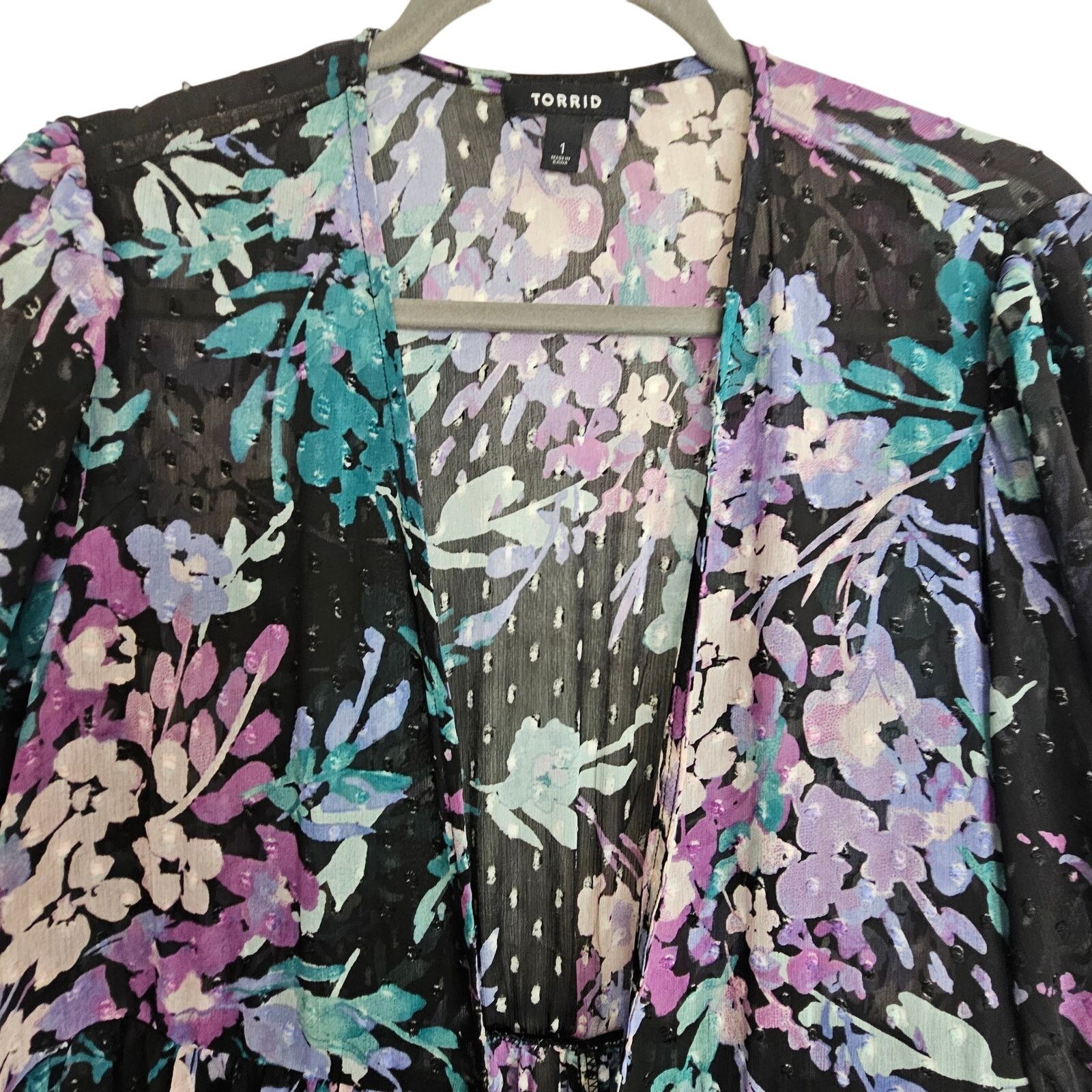 Corridor Torrid Ruffle Kimono Chiffon Clip Dot Floral Black Tiered Size XL / US 12-14 / IT 48-50 - 3 Thumbnail