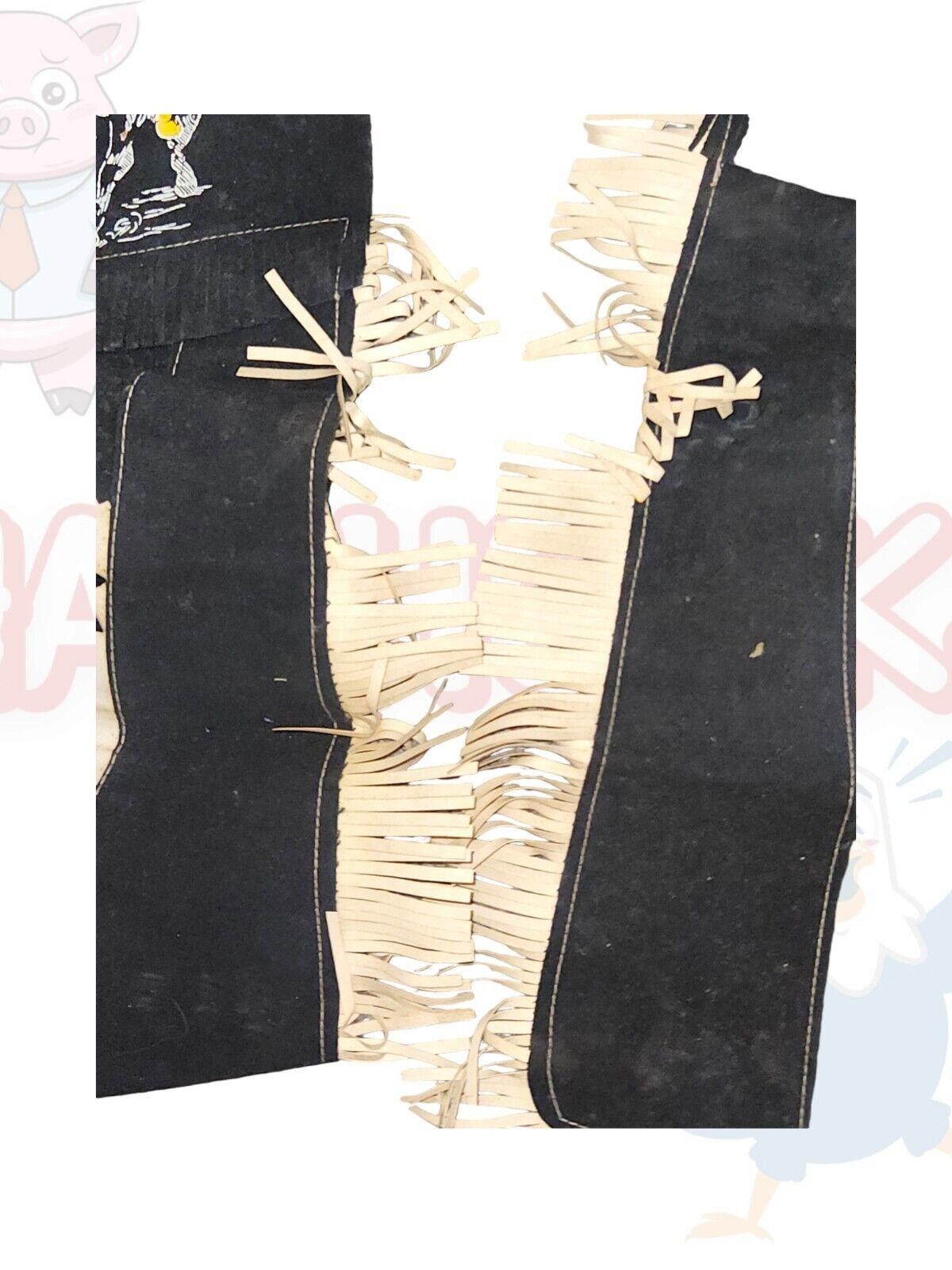 Designer Vintage Western Fringe Chaps Black Suede White Leather Kids Size ONE SIZE - 6 Thumbnail