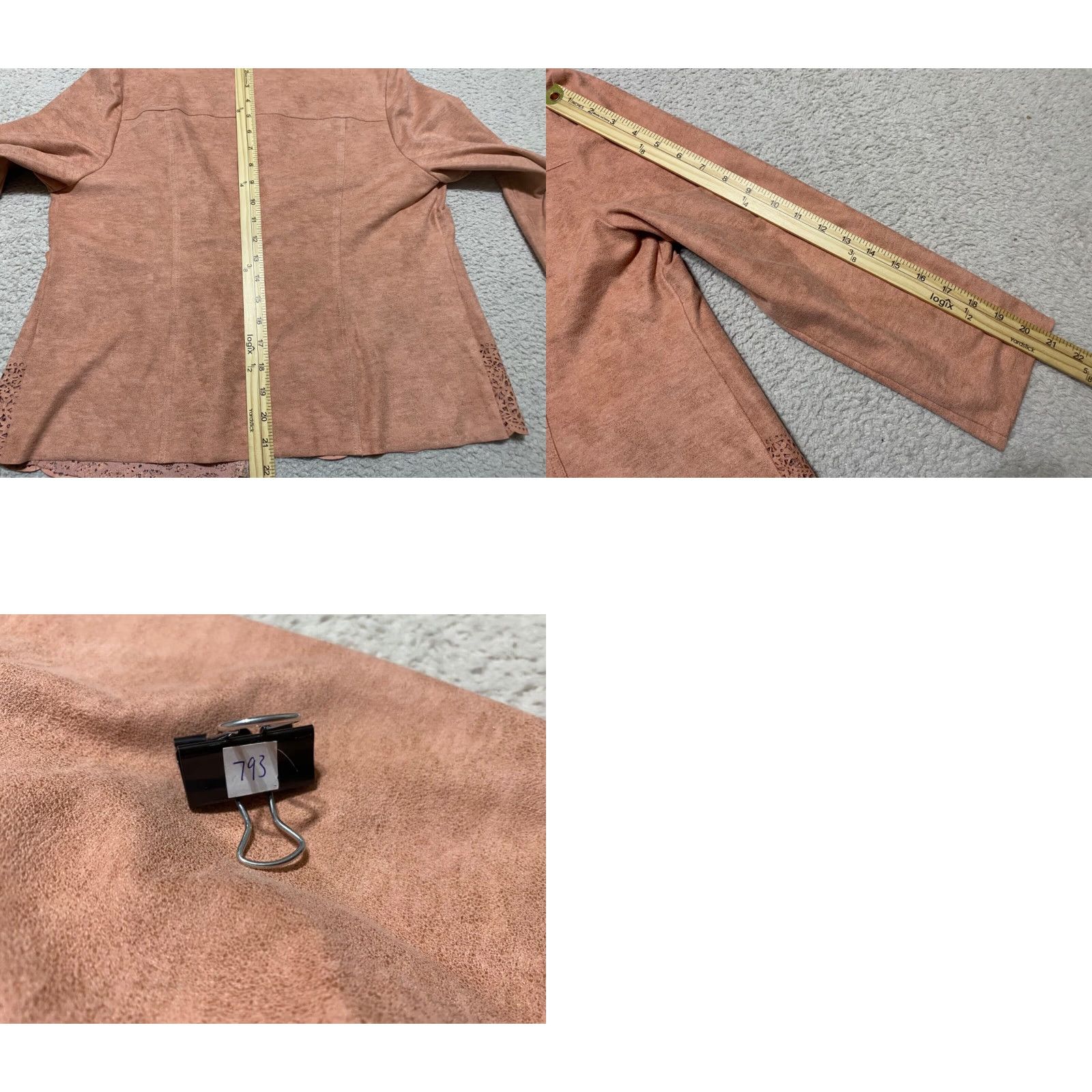 Vintage Chico’s Womens 10P Petite Jacket Pink Perforated Faux Suede Open Front Jacket Womens Petite 10P Pink Faux Leather Size L / US 10 / IT 46 - 8 Thumbnail