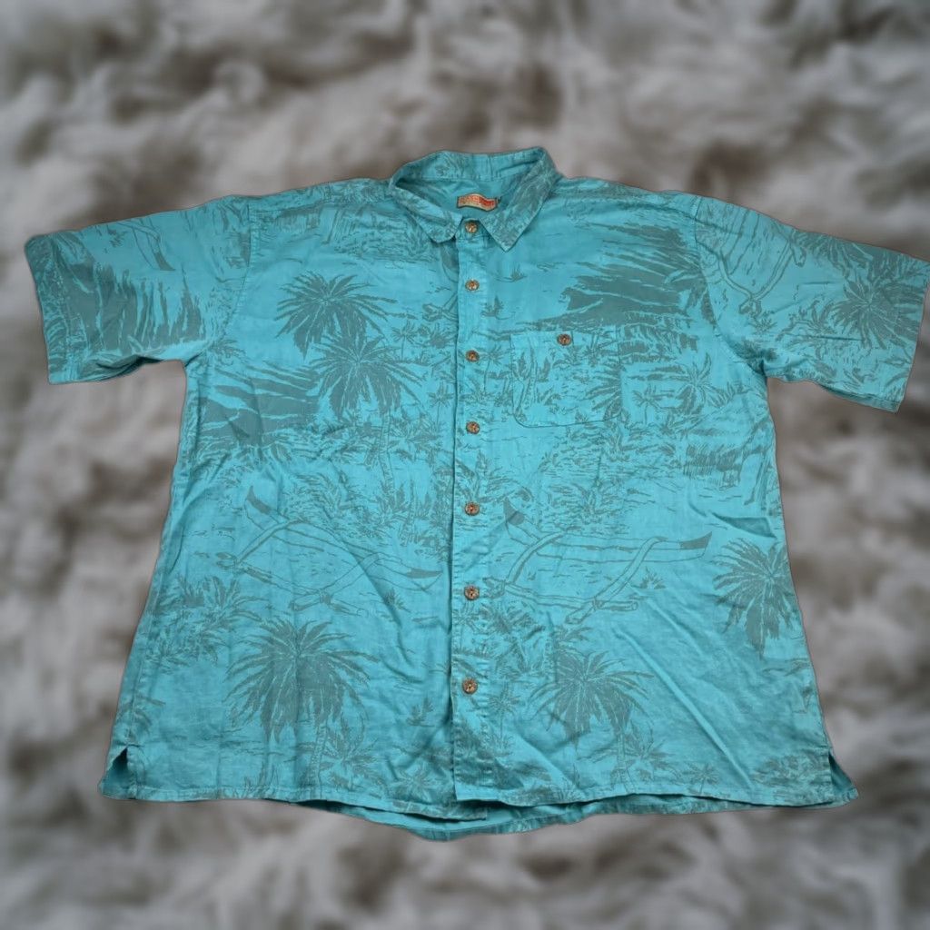 Vintage VINTAGE Santa Cruz Shirt Mens 2XL Turquoise Floral Hemp/Tencel Button-Front Camp Shirt, Short Sleeve, Casual, Spread Collar, 90s? Size US XXL / EU 58 / 5 - 1 Thumbnail