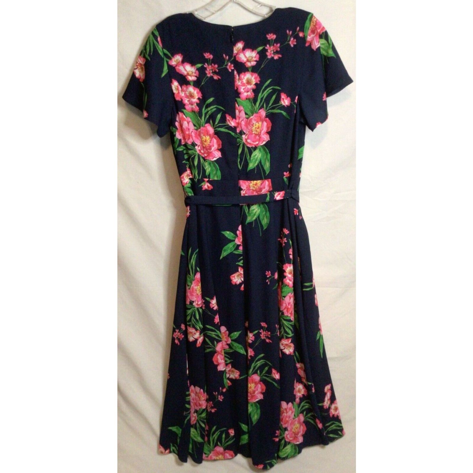 New TALBOTS Size 4 Dress Navy Blue Floral Tie Waist A Line